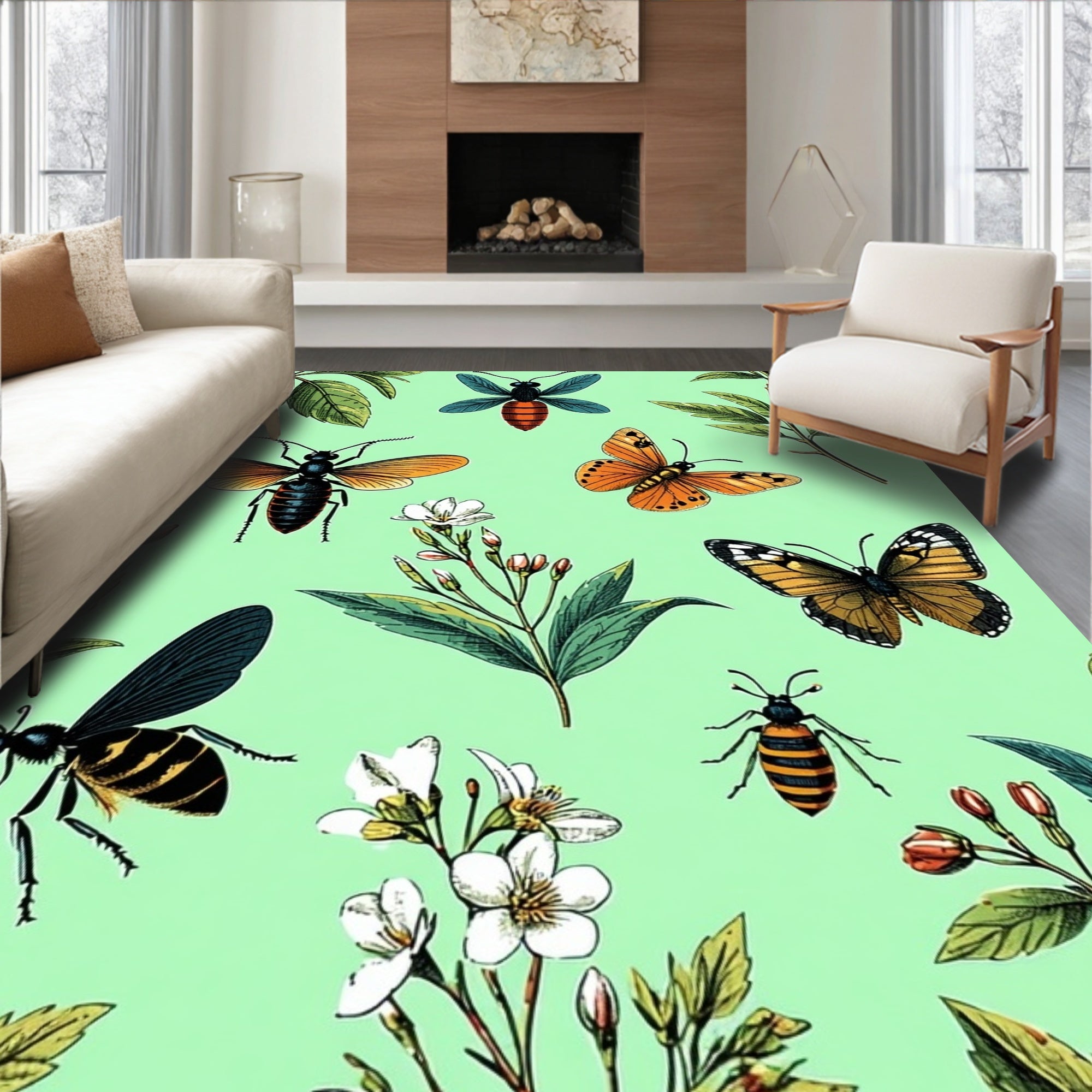 Vintage Insect Floral Botanical Design Rug