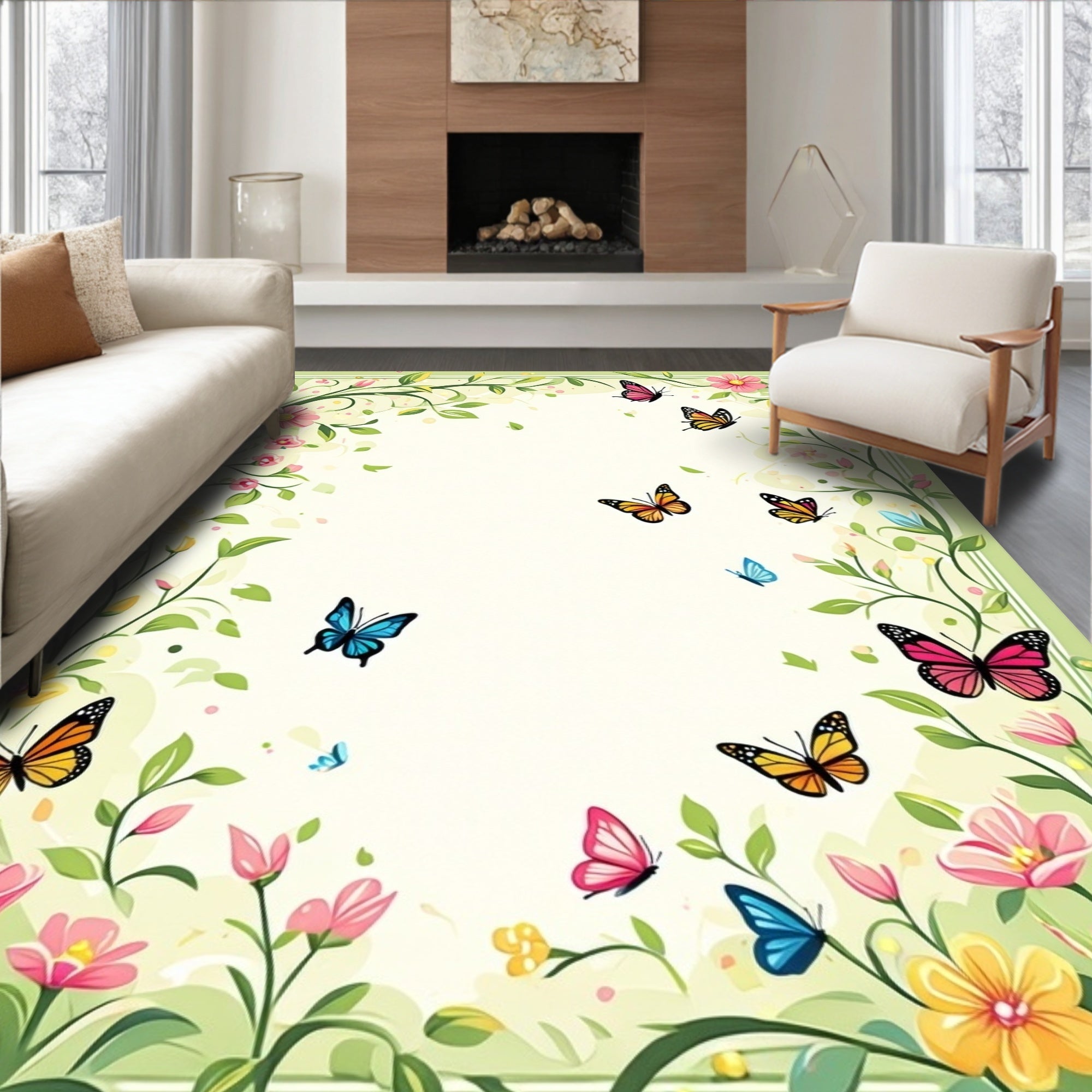 Whimsical Floral Butterfly Garden Design Rug