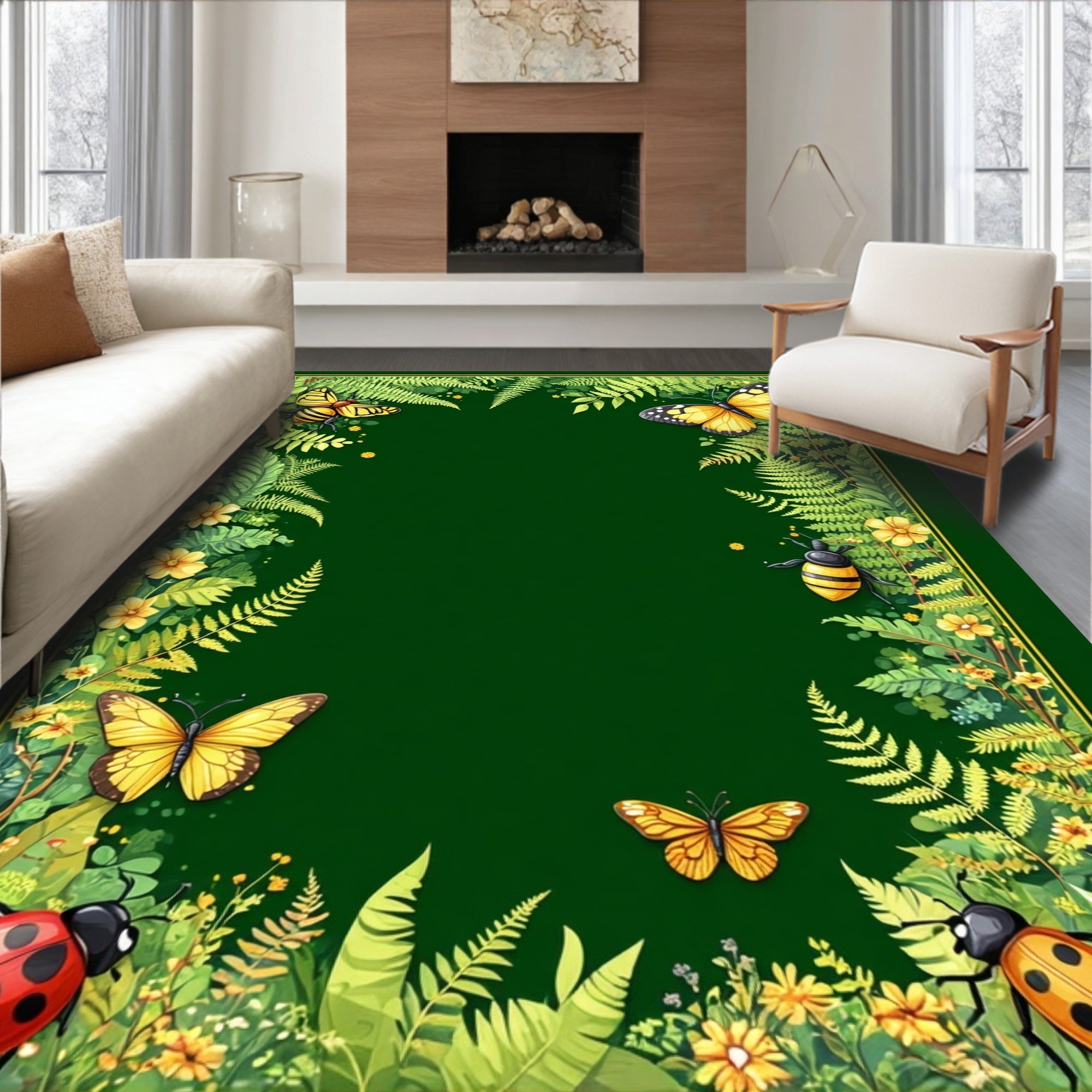 Whimsical Garden Butterfly Ladybug Design Rug
