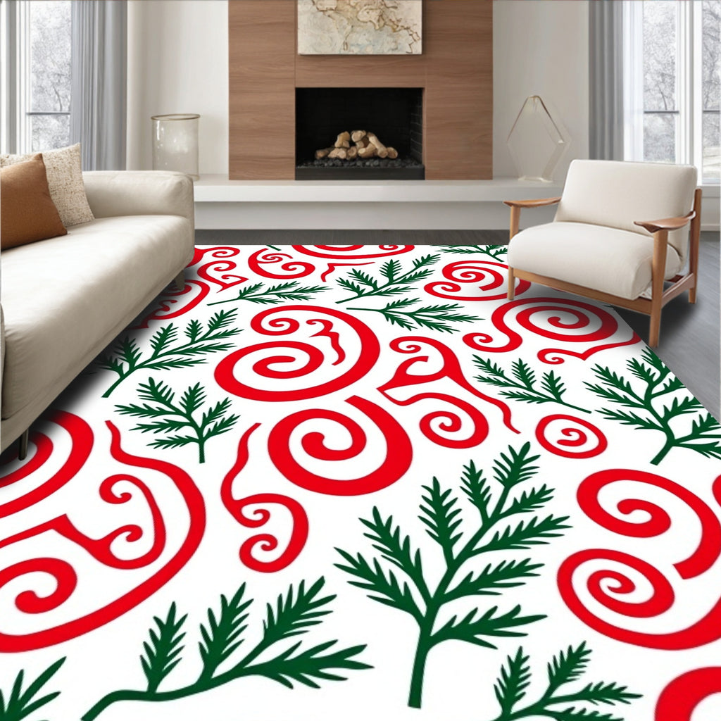 Red Swirls with Green Fir Branches Rug