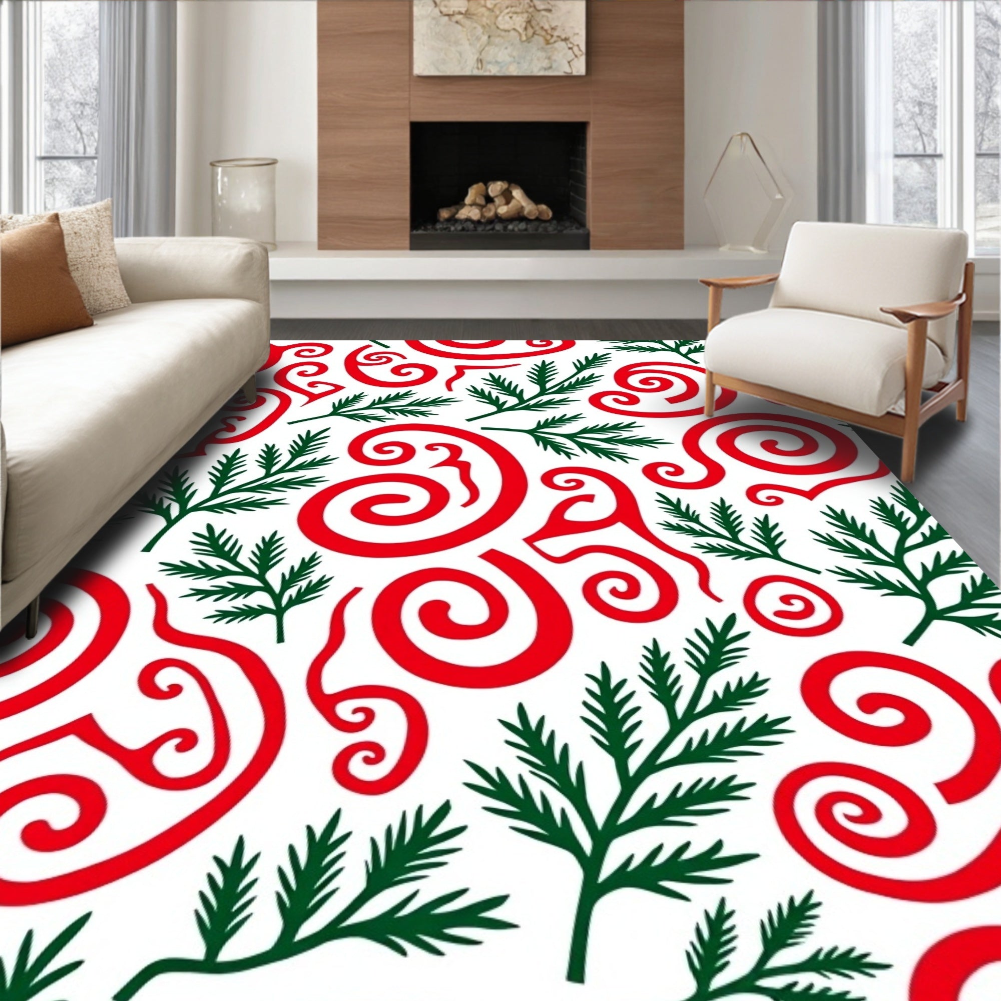 Red Swirls with Green Fir Branches Rug