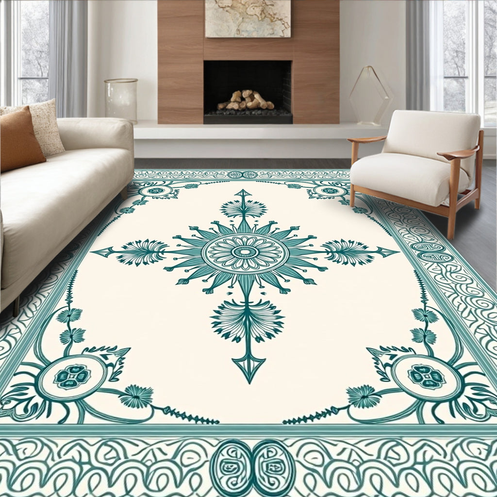 Teal Floral Medallion Rectangular Border Rug