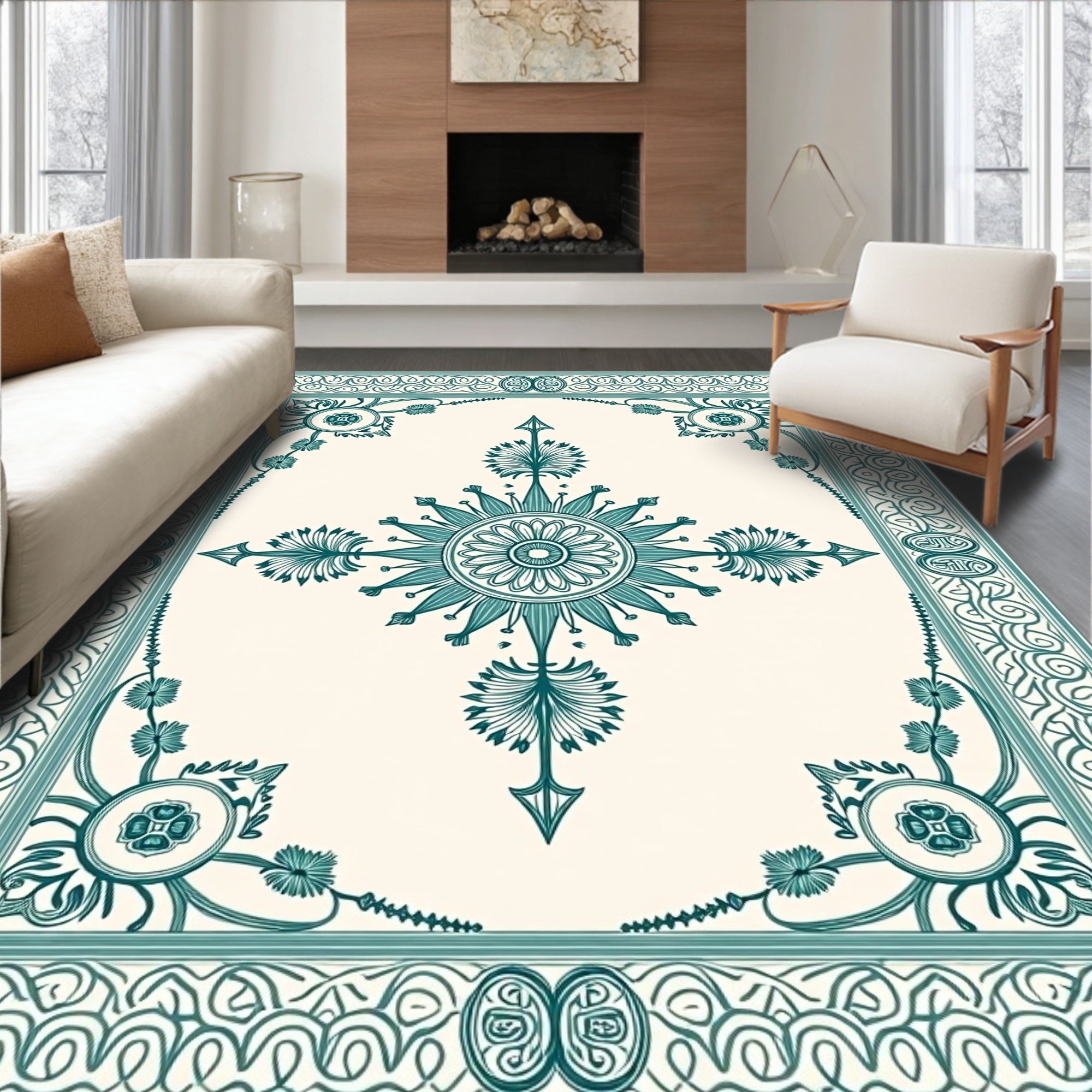 Teal Floral Medallion Rectangular Border Rug