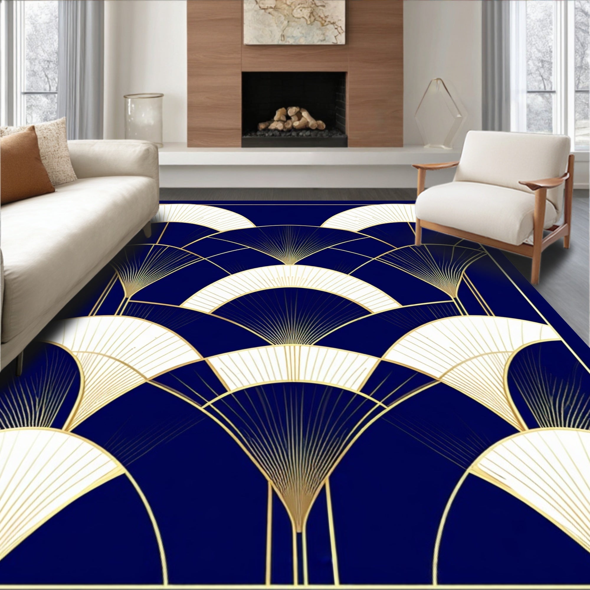 Navy Gold Art Deco Fan Rug