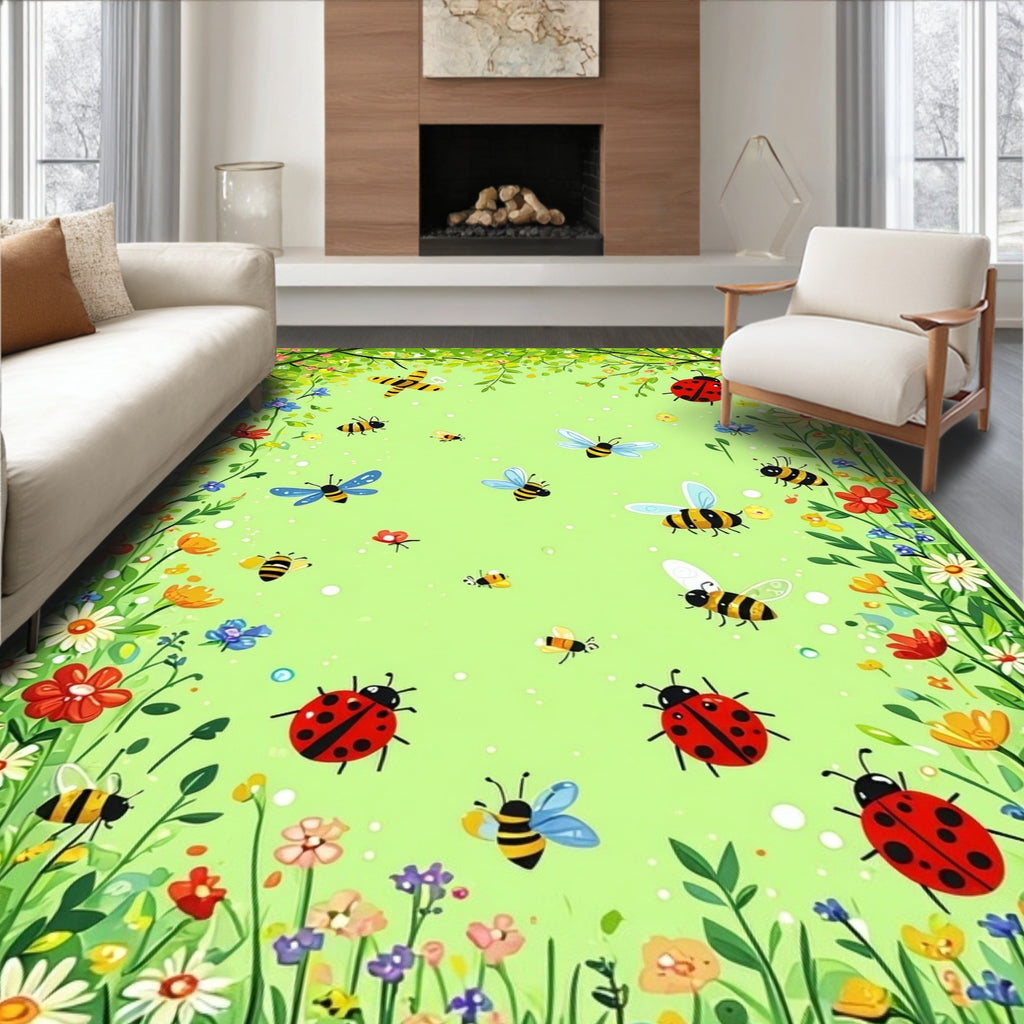 Whimsical Garden Bugs Blossoms Rug
