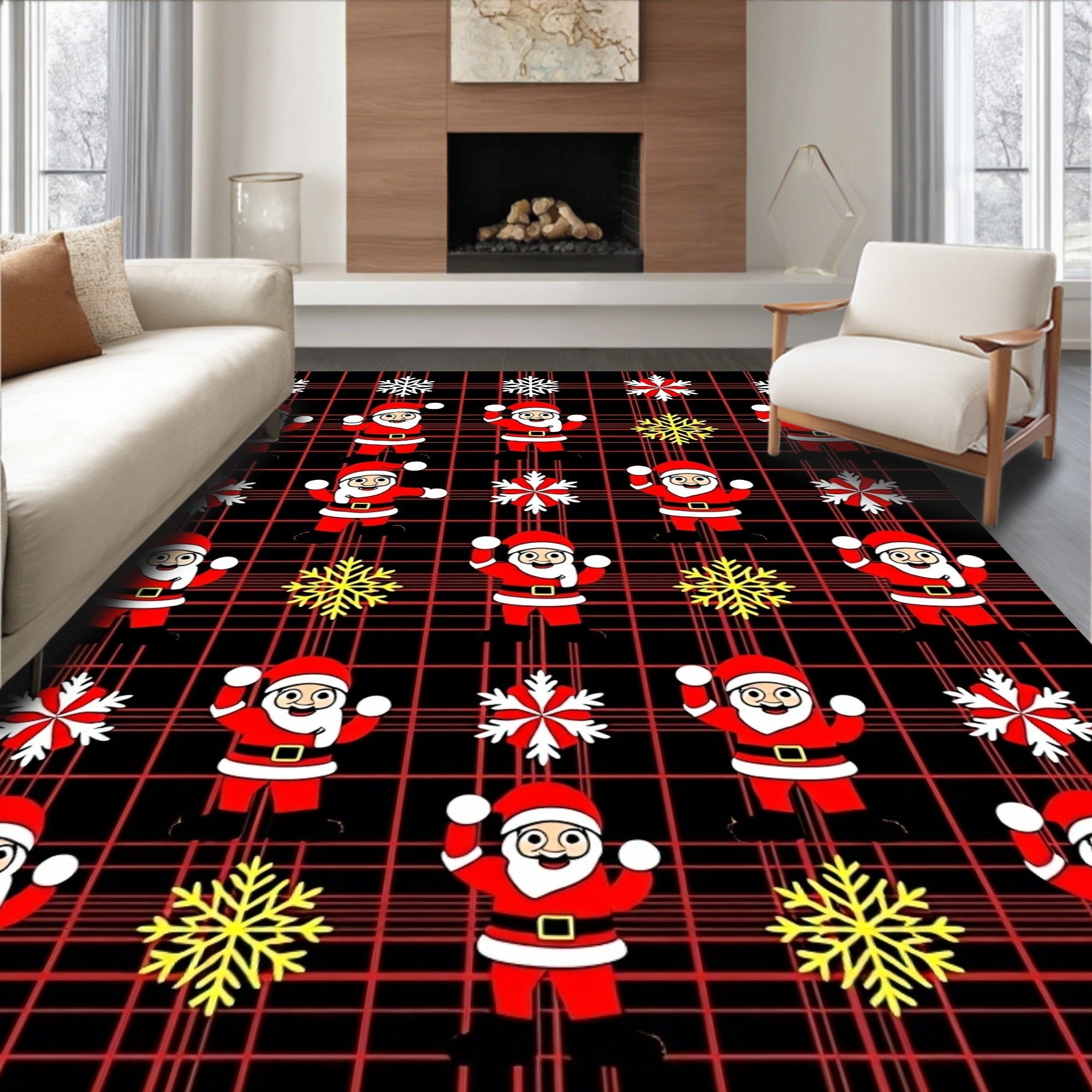 Joyful Santa Claus Snowflake Plaid Rug