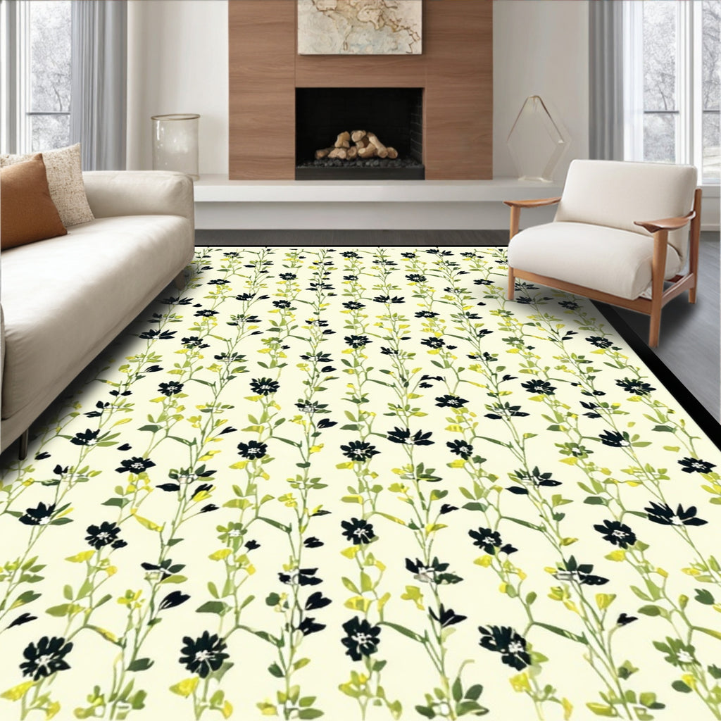 Whimsical Black Flower Vine Pattern Rug