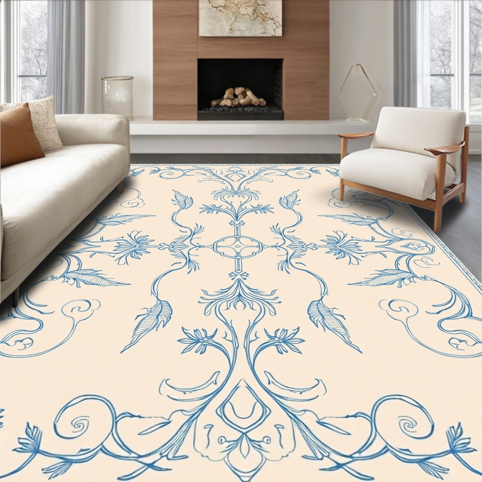 Elegant Blue Floral Damask Pattern Rug