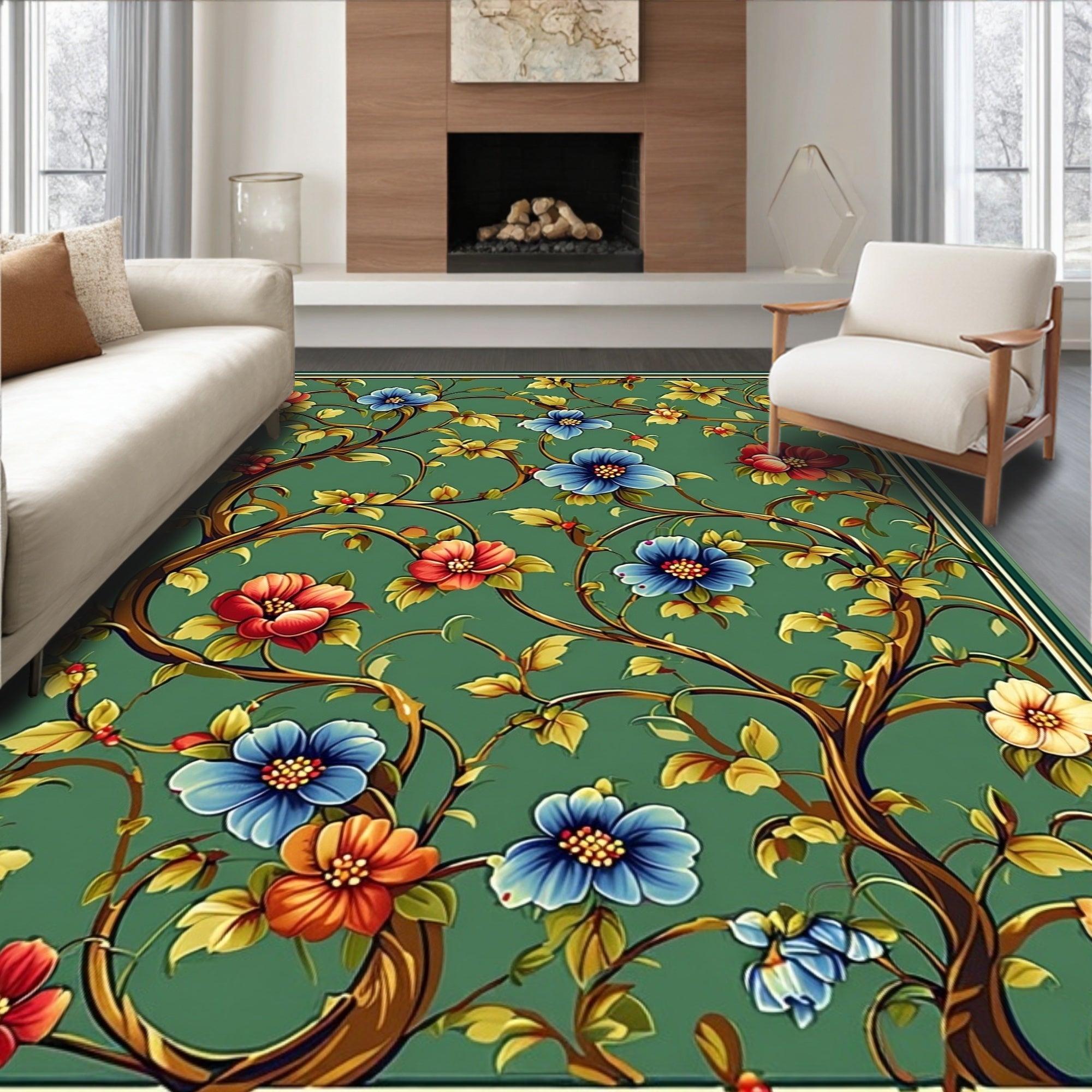 Vibrant Floral Vine Patterned Rug
