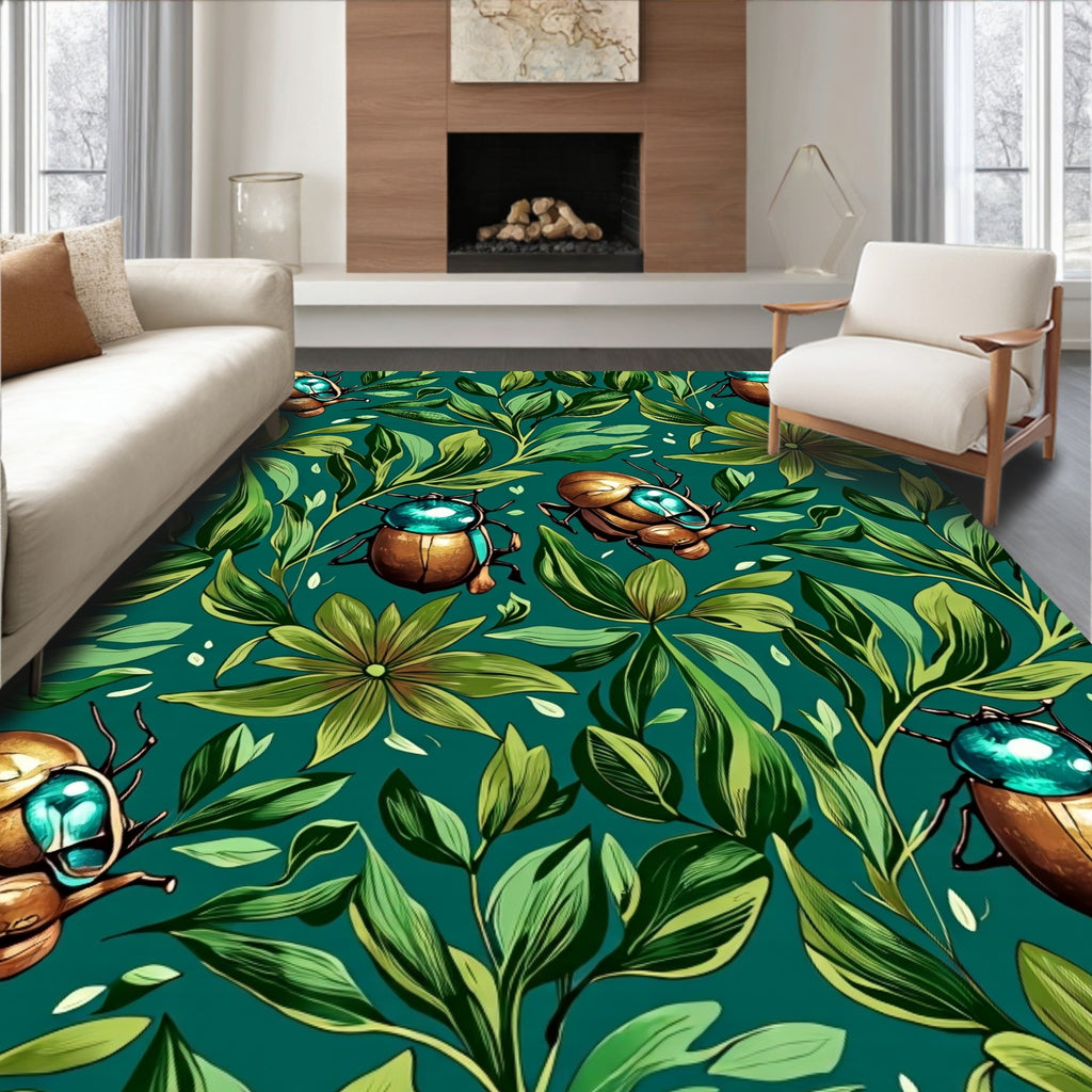 Golden Scarab Beetle Tropical Foliage Rug