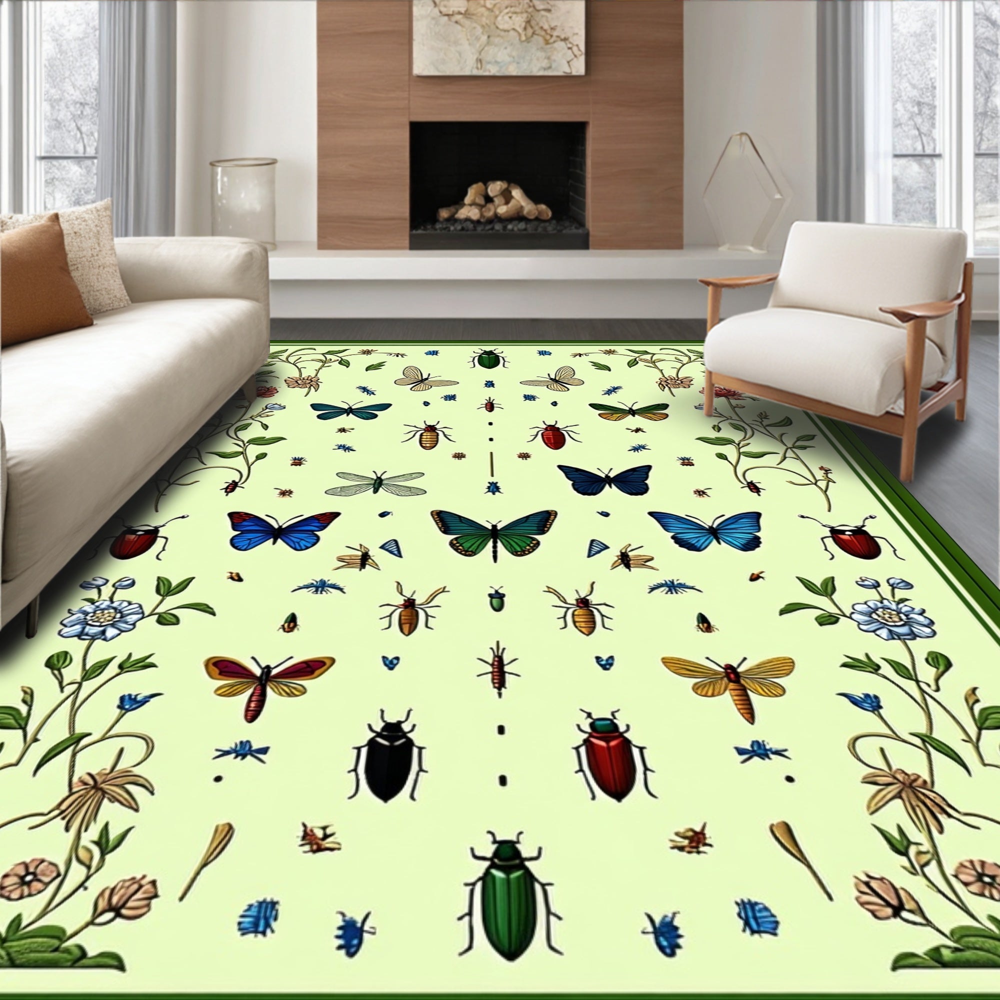 Botanical Insects Butterflies Pattern Rug