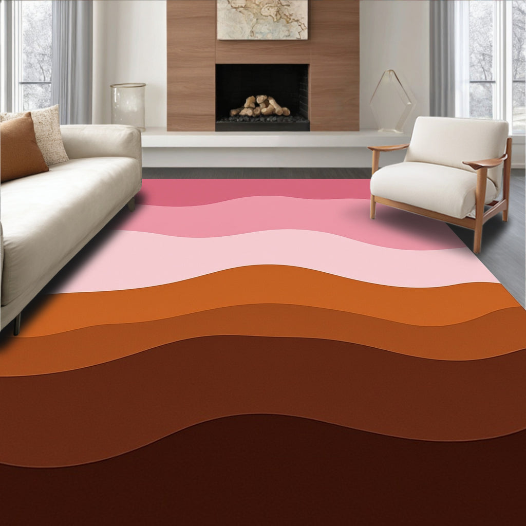 Pink Brown Layered Landscape Waves Rug