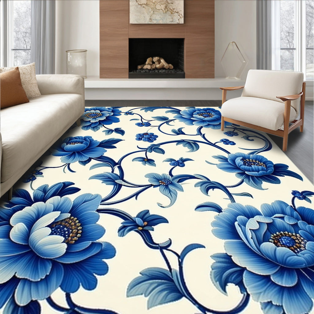 Classic Blue Floral Scroll Pattern Rug