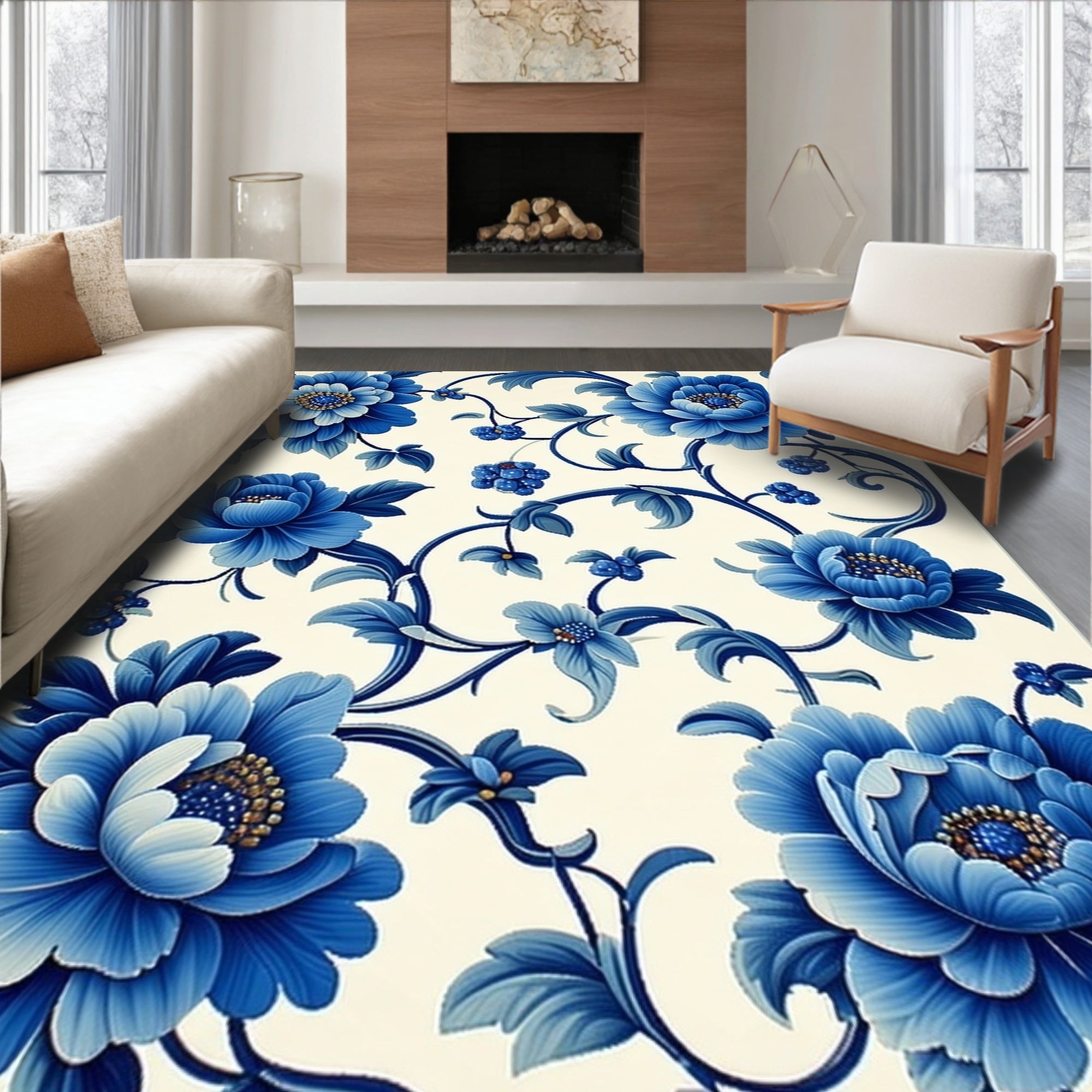 Classic Blue Floral Scroll Pattern Rug