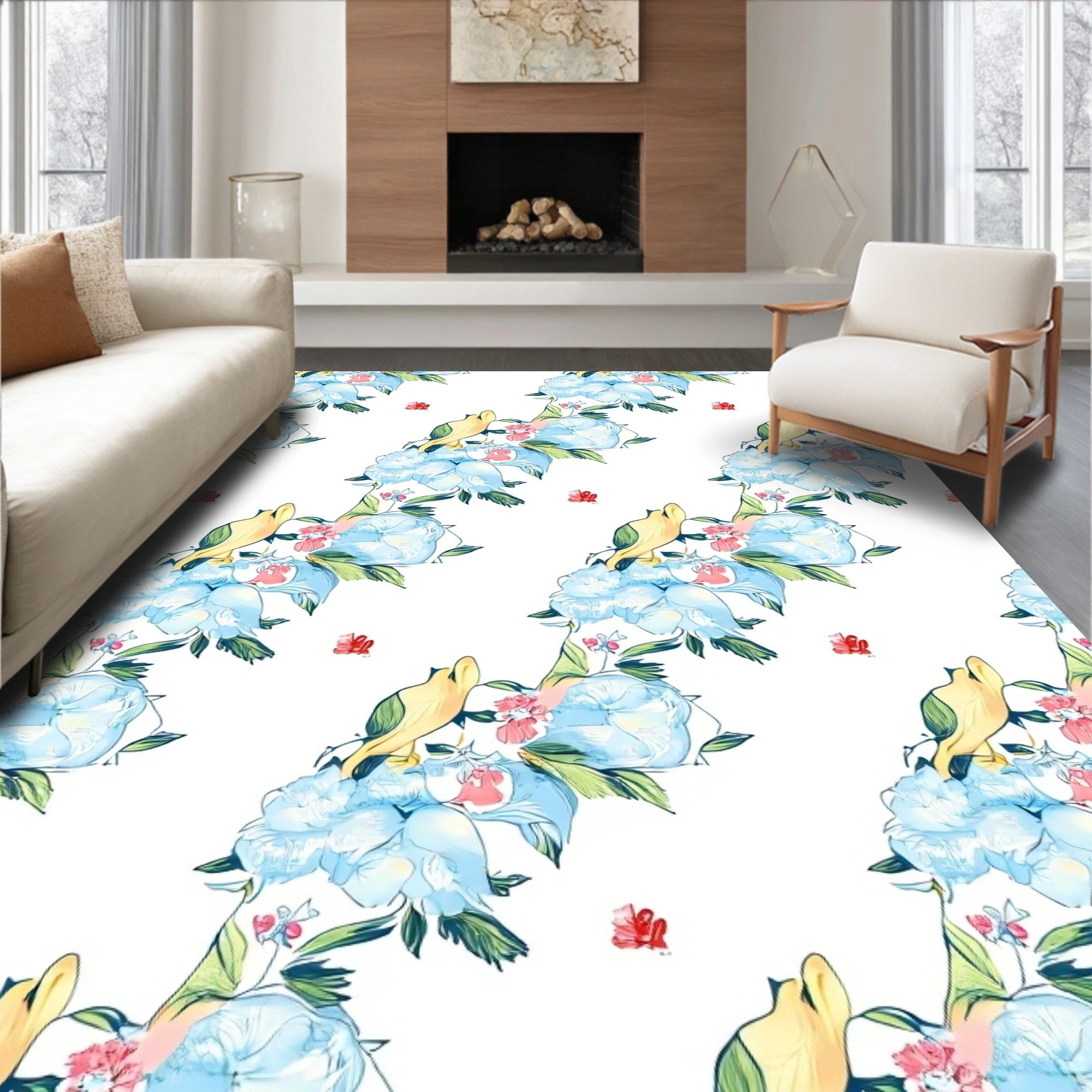 Birds and Blue Peony Floral Pattern Rug