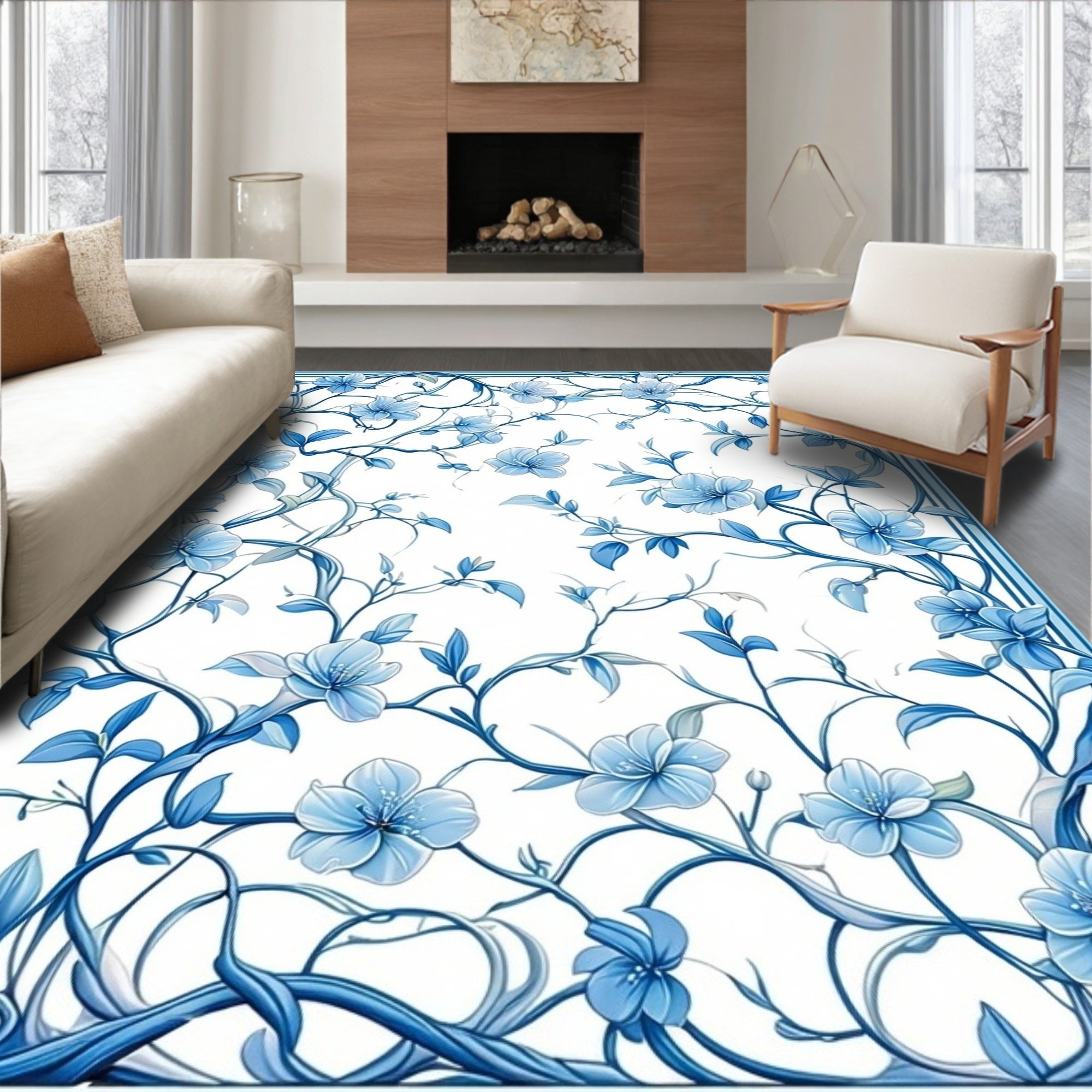 Blue Floral Vines Decorative Rug