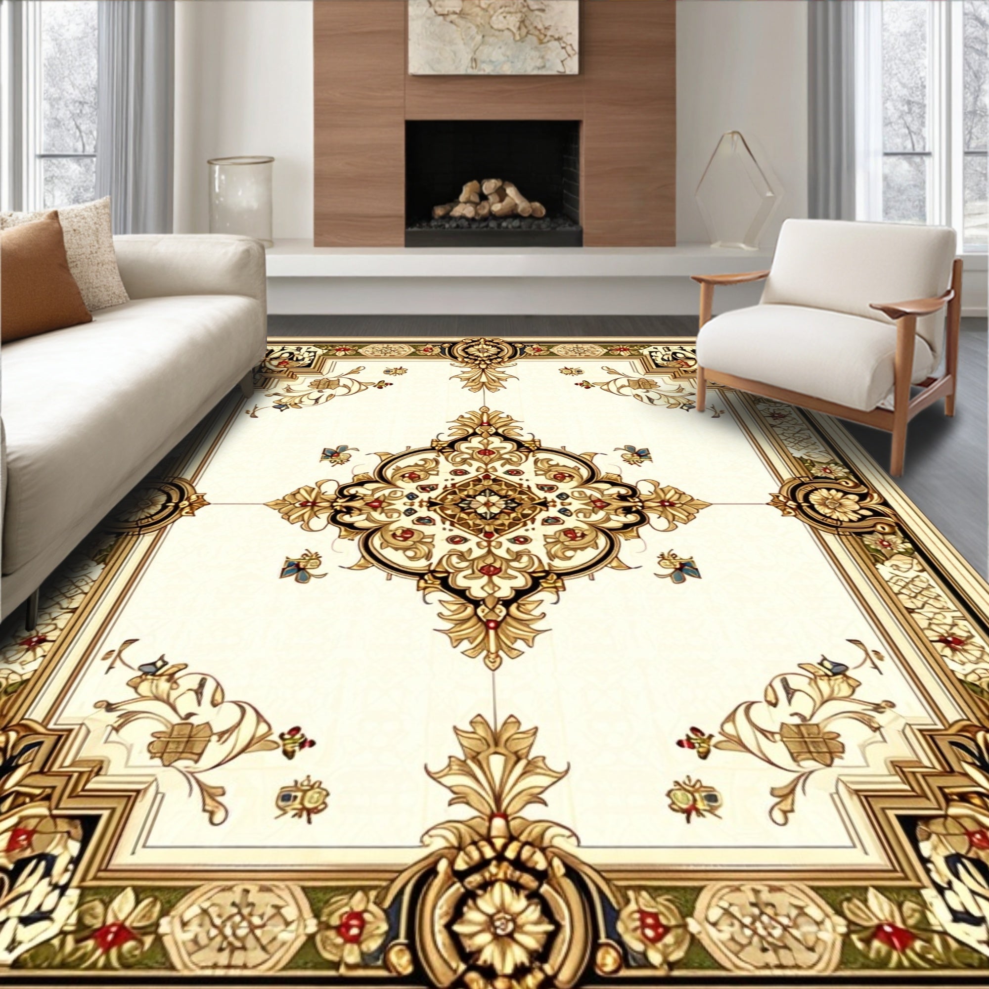 Elaborate Golden Floral Medallion Rug