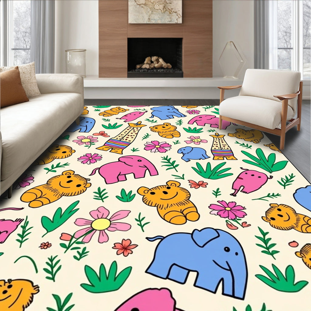 Playful Animals and Flowers Pattern Rug