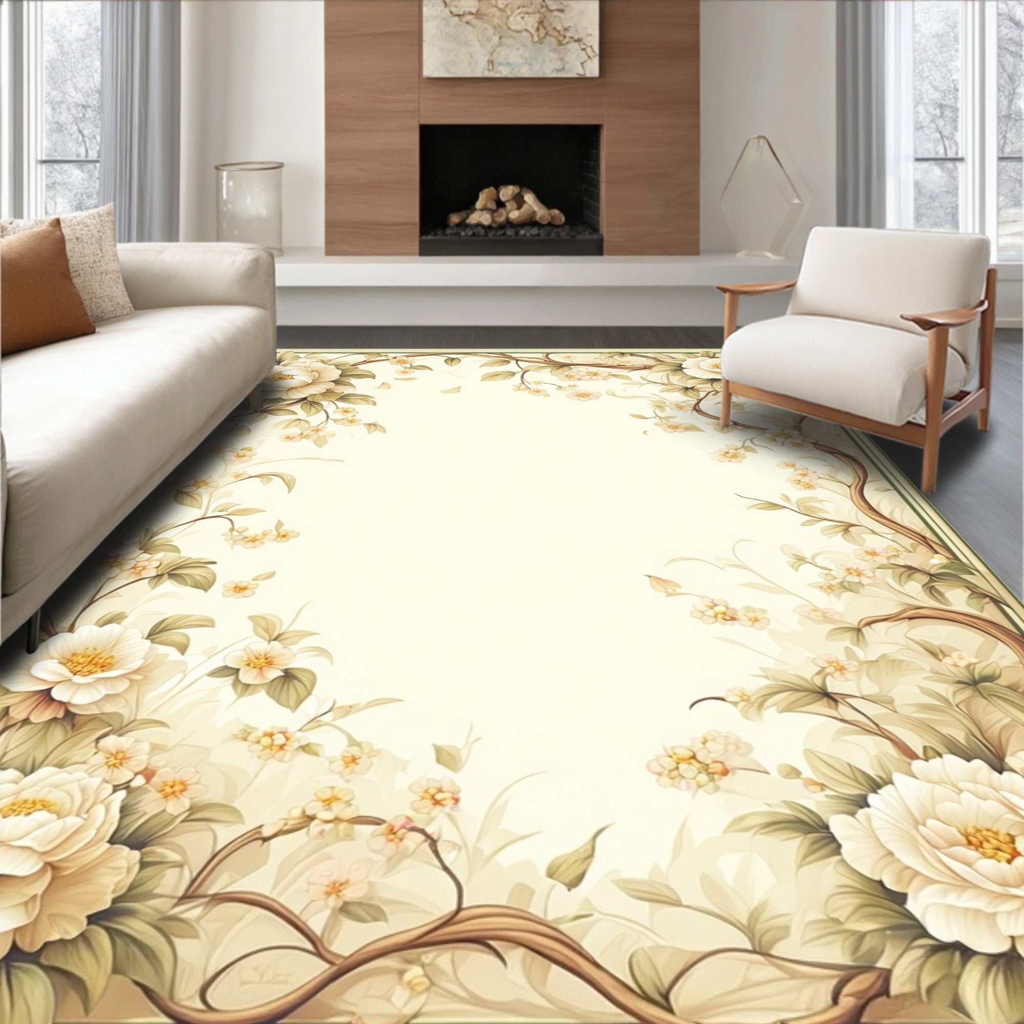 Delicate Floral Branches Beige Rug