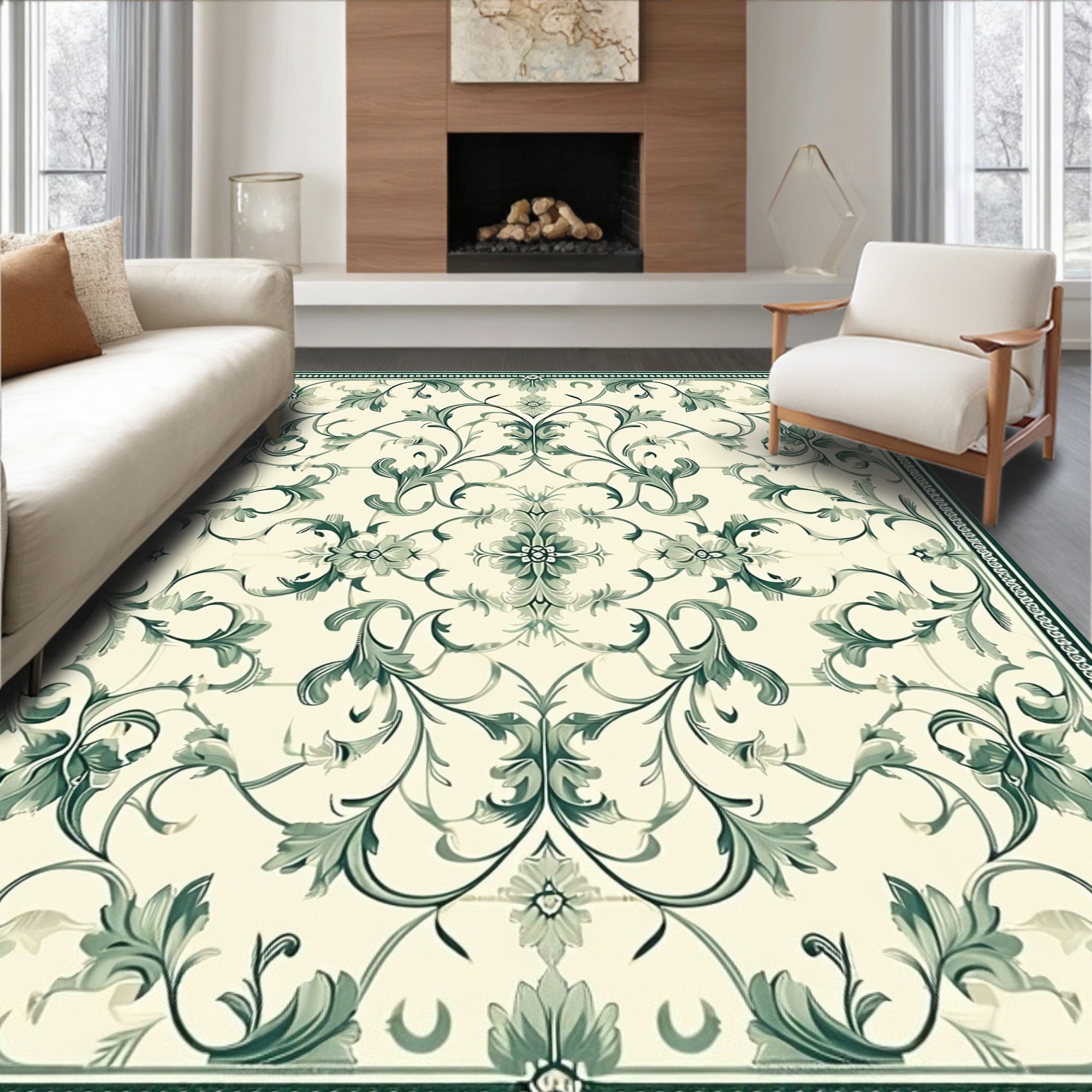 Elegant Green Floral Scrollwork Design Rug