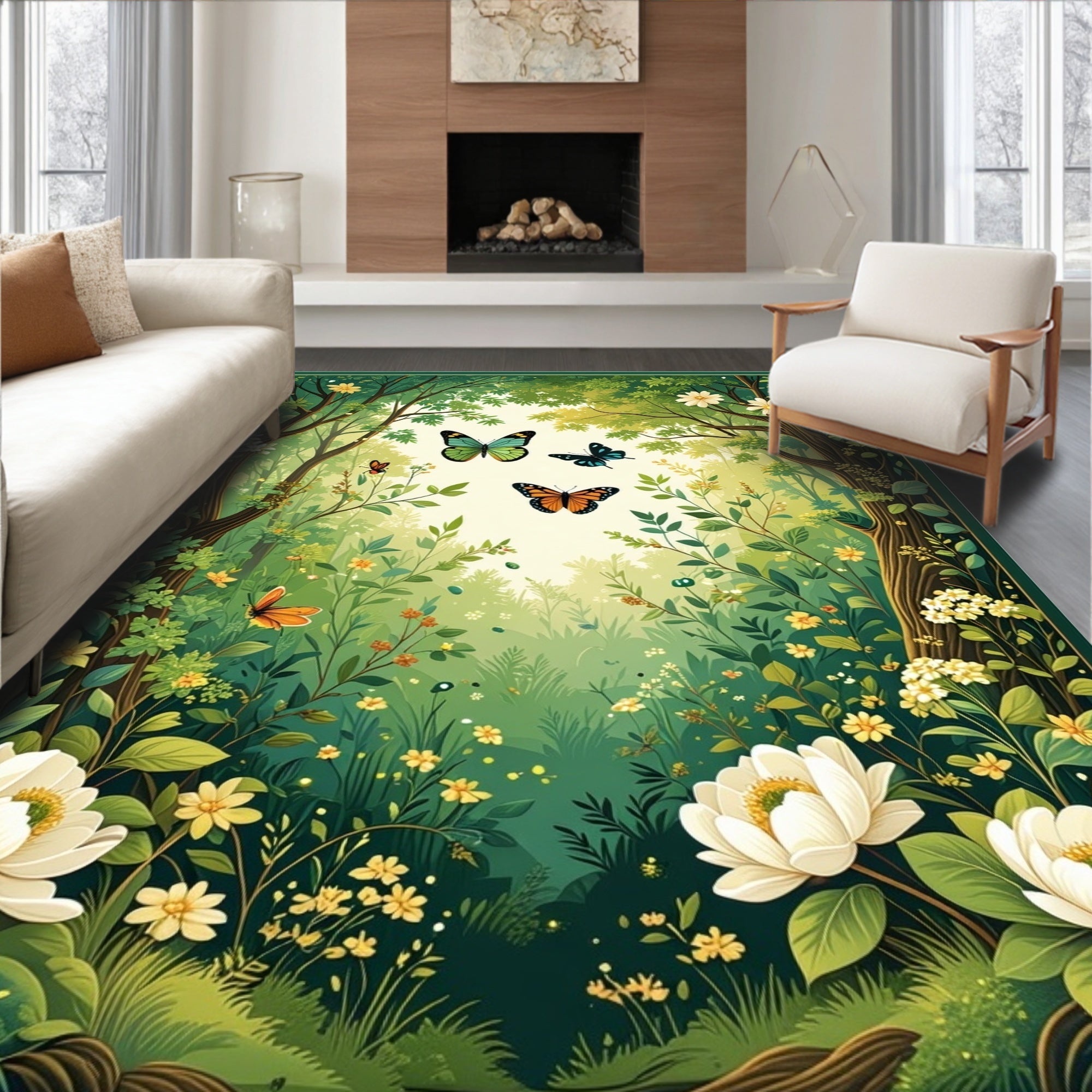Whimsical Forest Butterfly Garden Design Rug