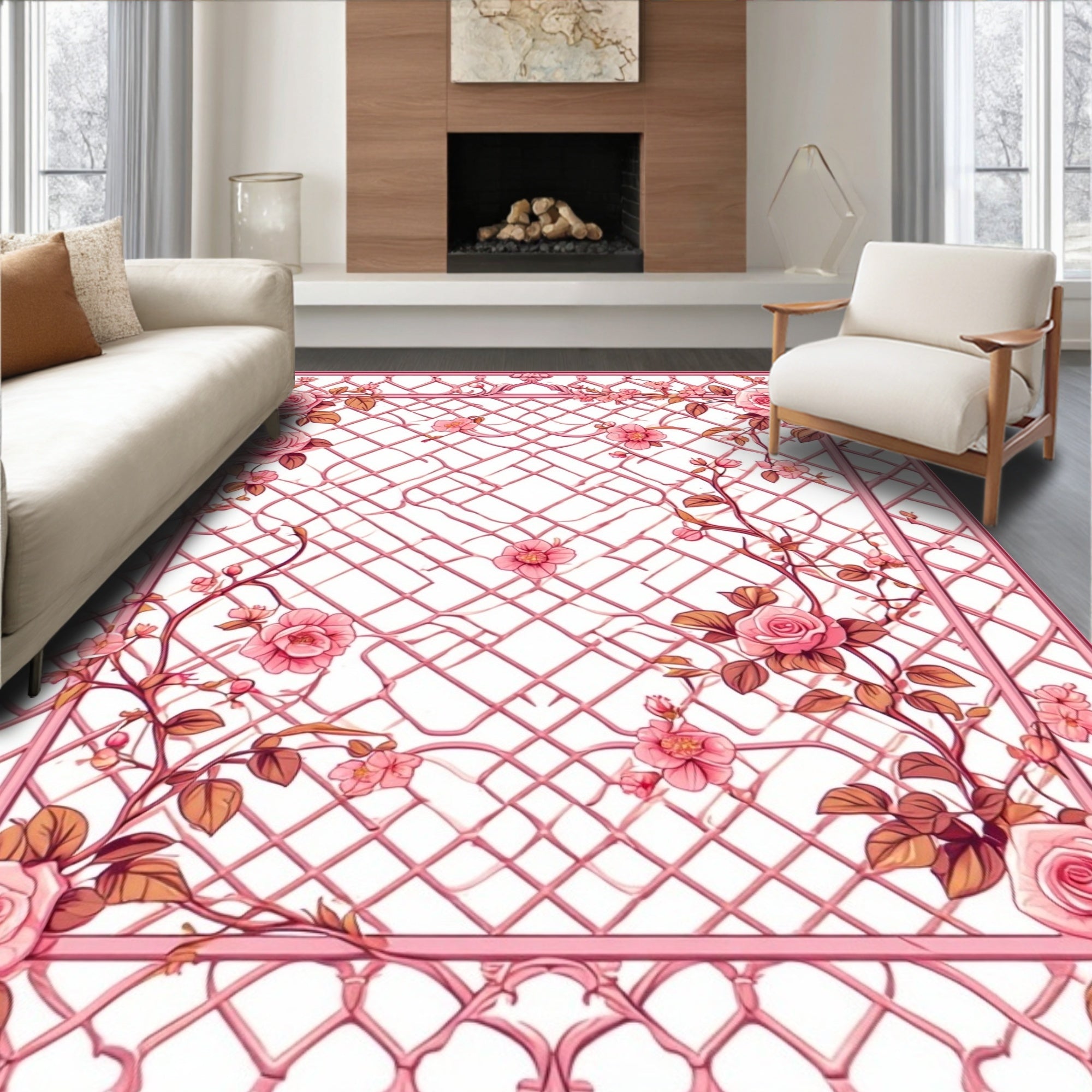 Pink Rose Garden Lattice Pattern Rug