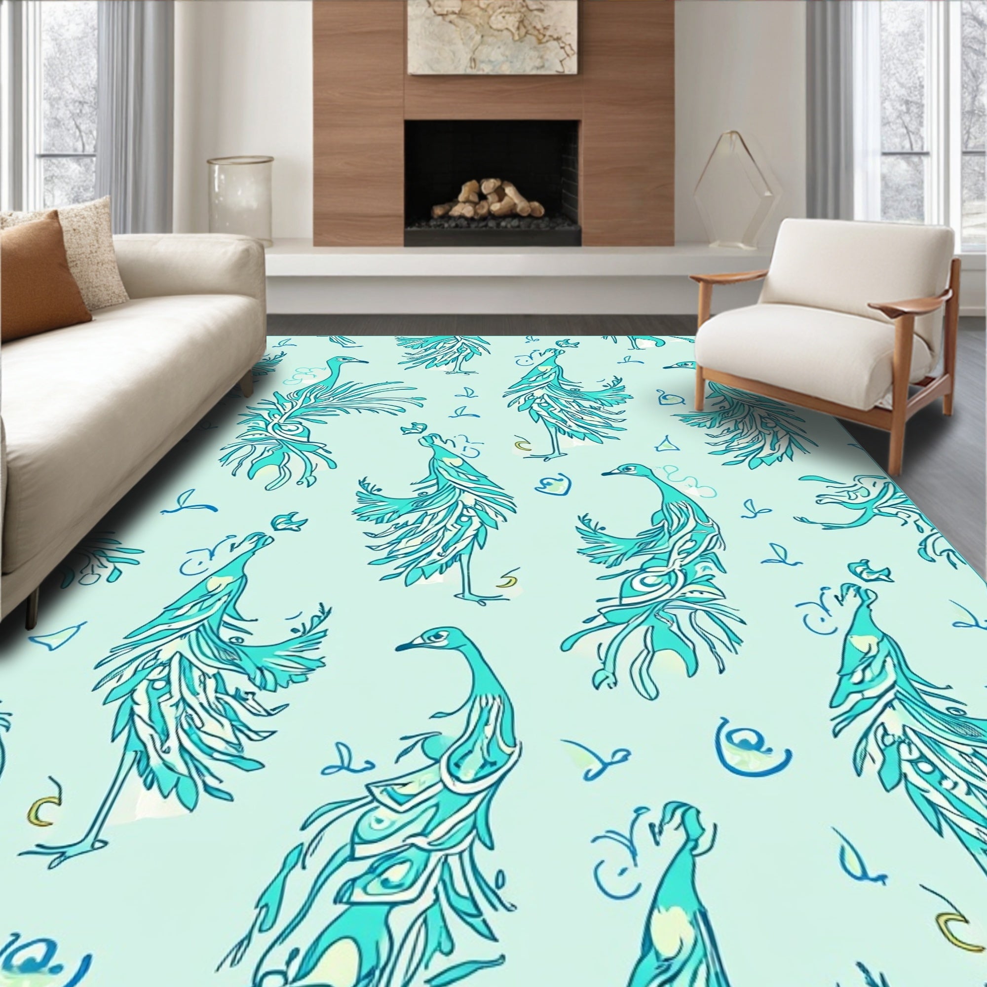Teal Peacock Feather Pattern Rug