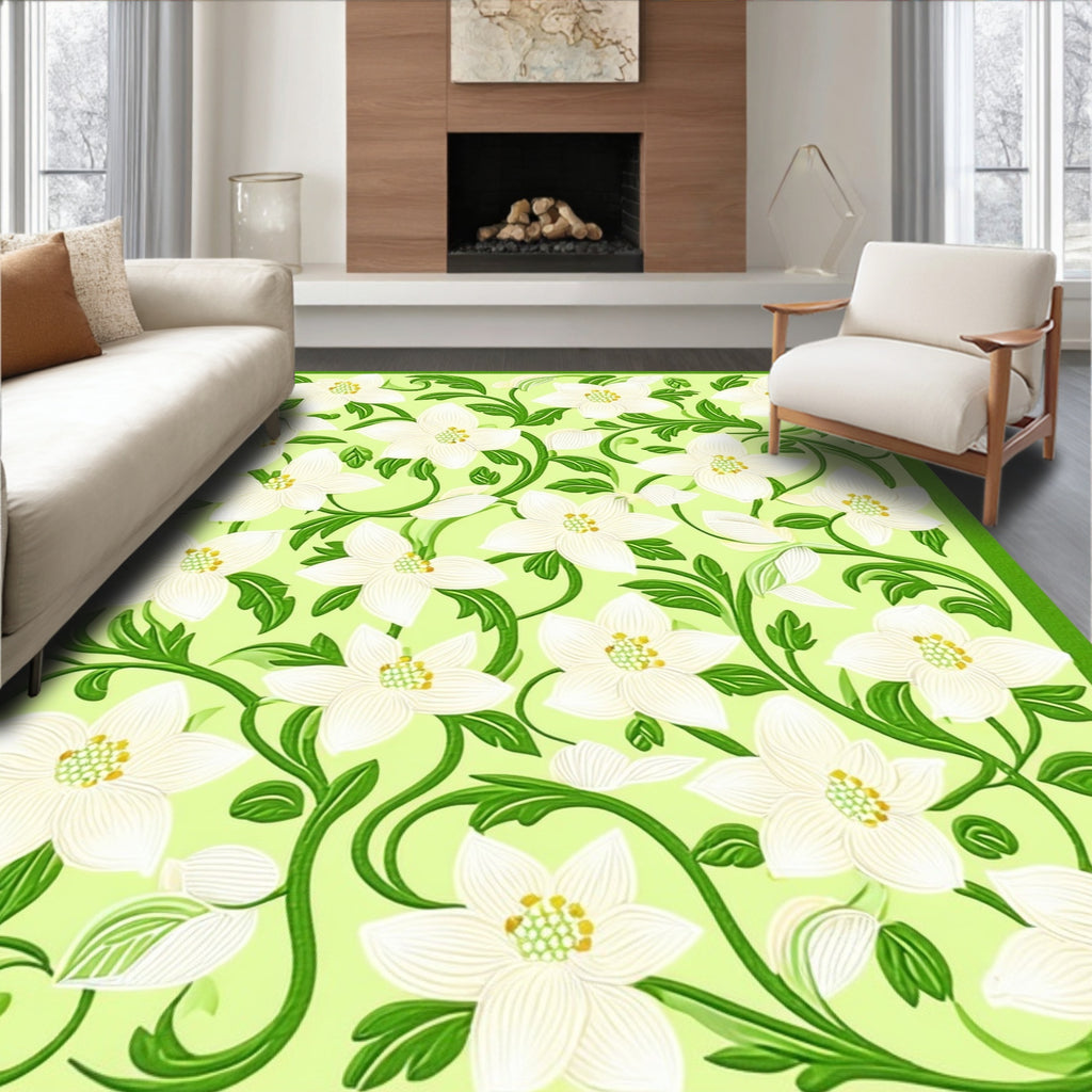 White Floral Green Vine Pattern Rug