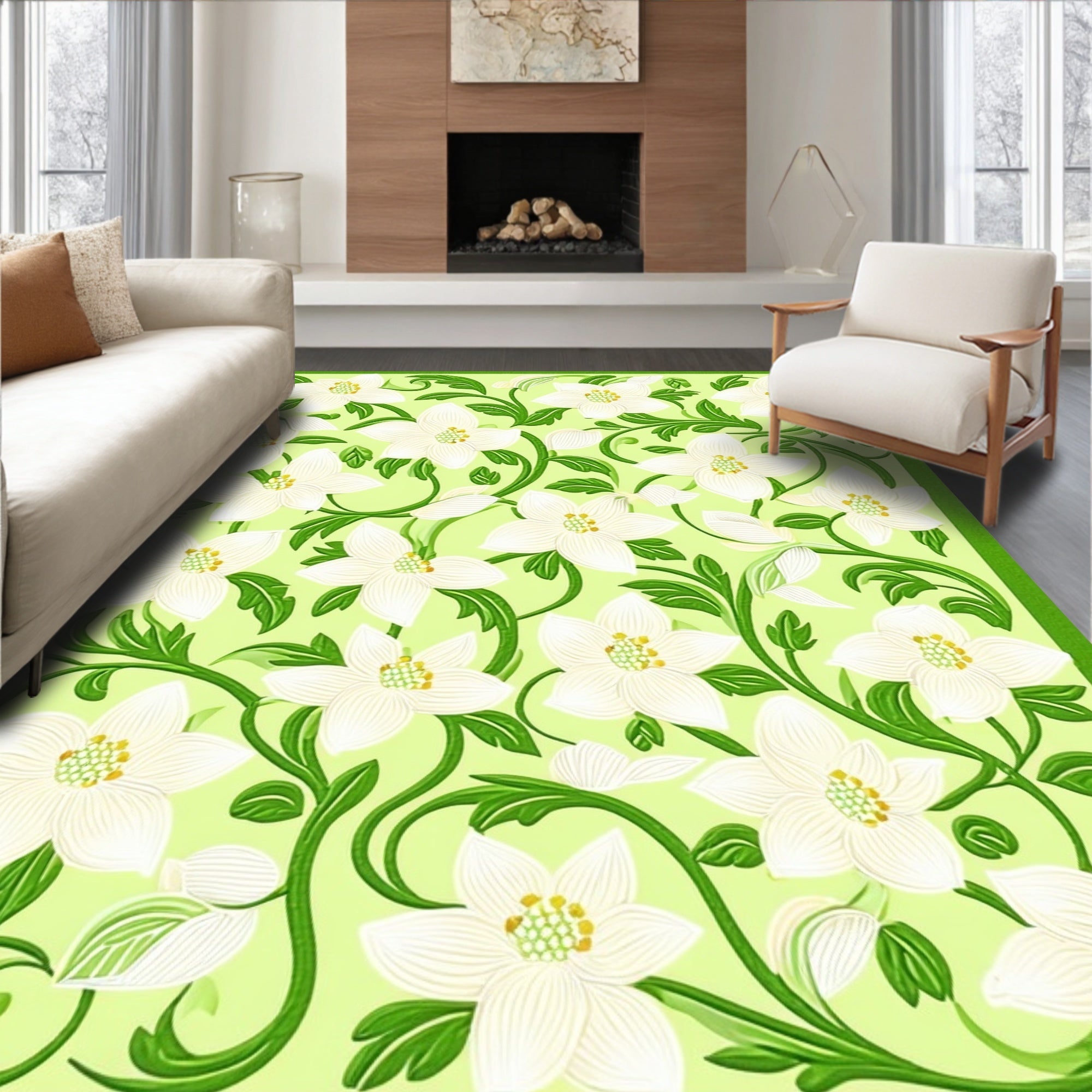 White Floral Green Vine Pattern Rug