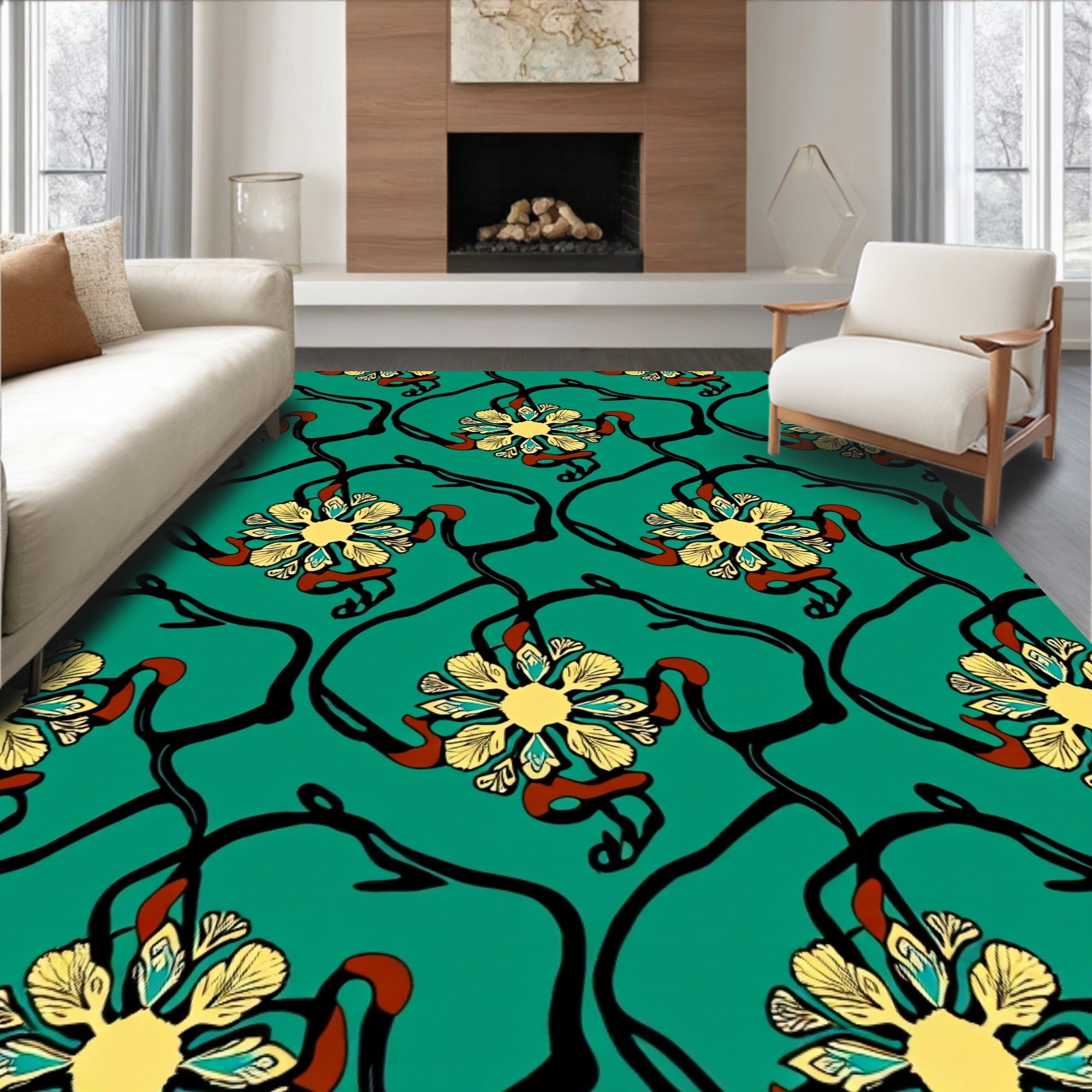 Teal Floral Vine Pattern Rug