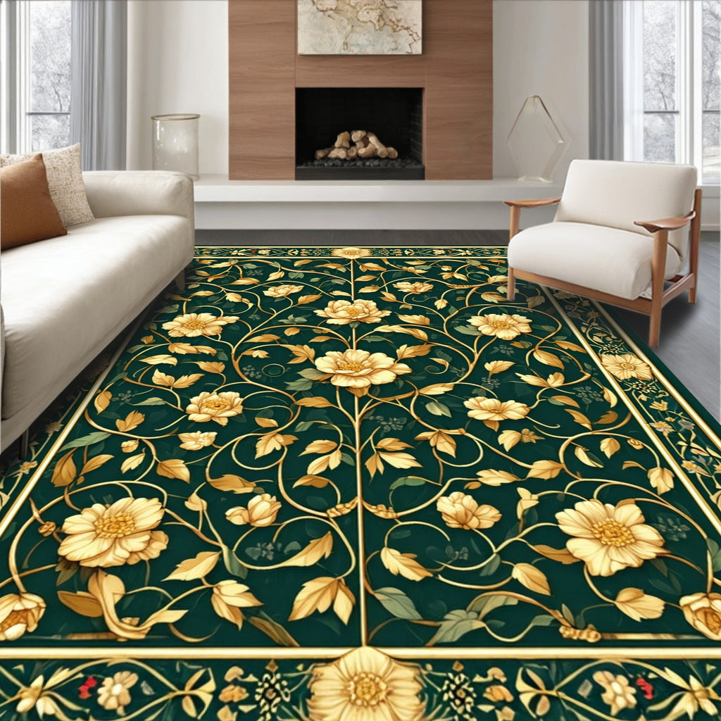 Elaborate Floral Vine Gold Pattern Rug