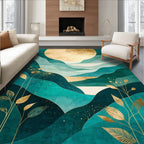 Teal Gold Leafy Mountain Scape Rug