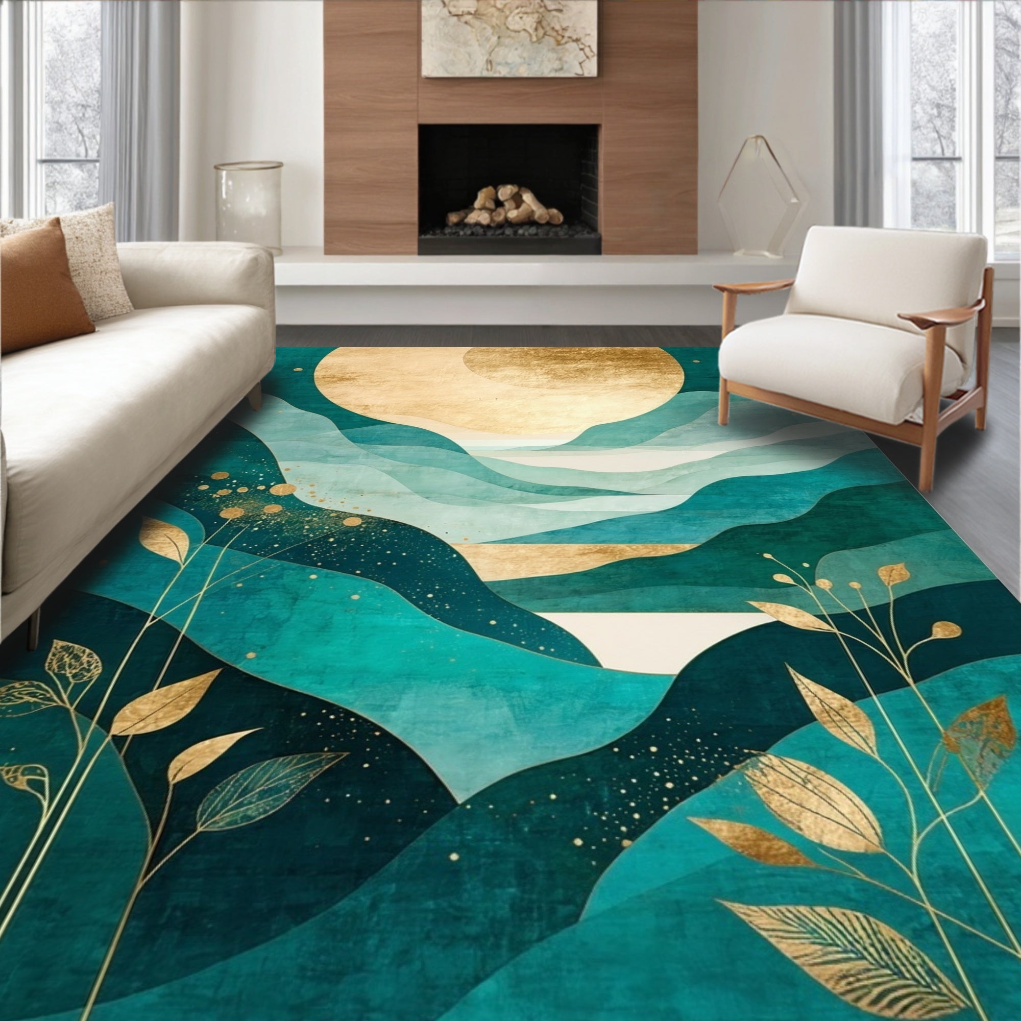 Teal Gold Leafy Mountain Scape Rug