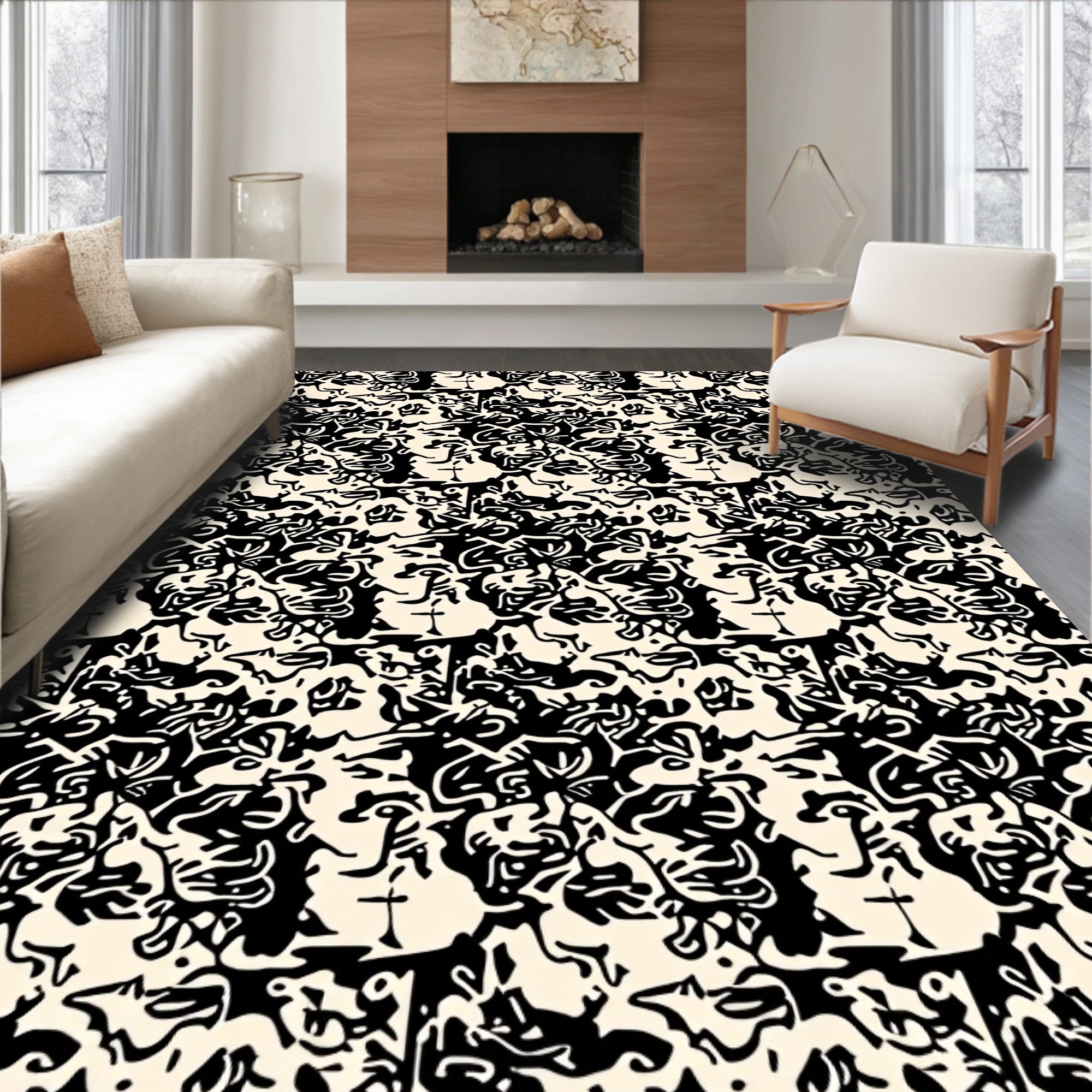 Abstract Black Cream Textured Design Rug