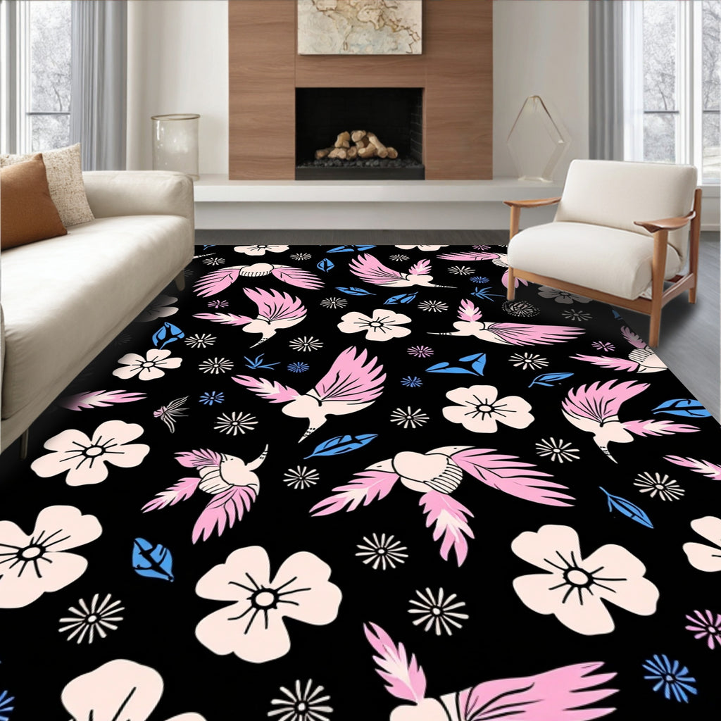 Pink Bird and Flower Pattern Rug