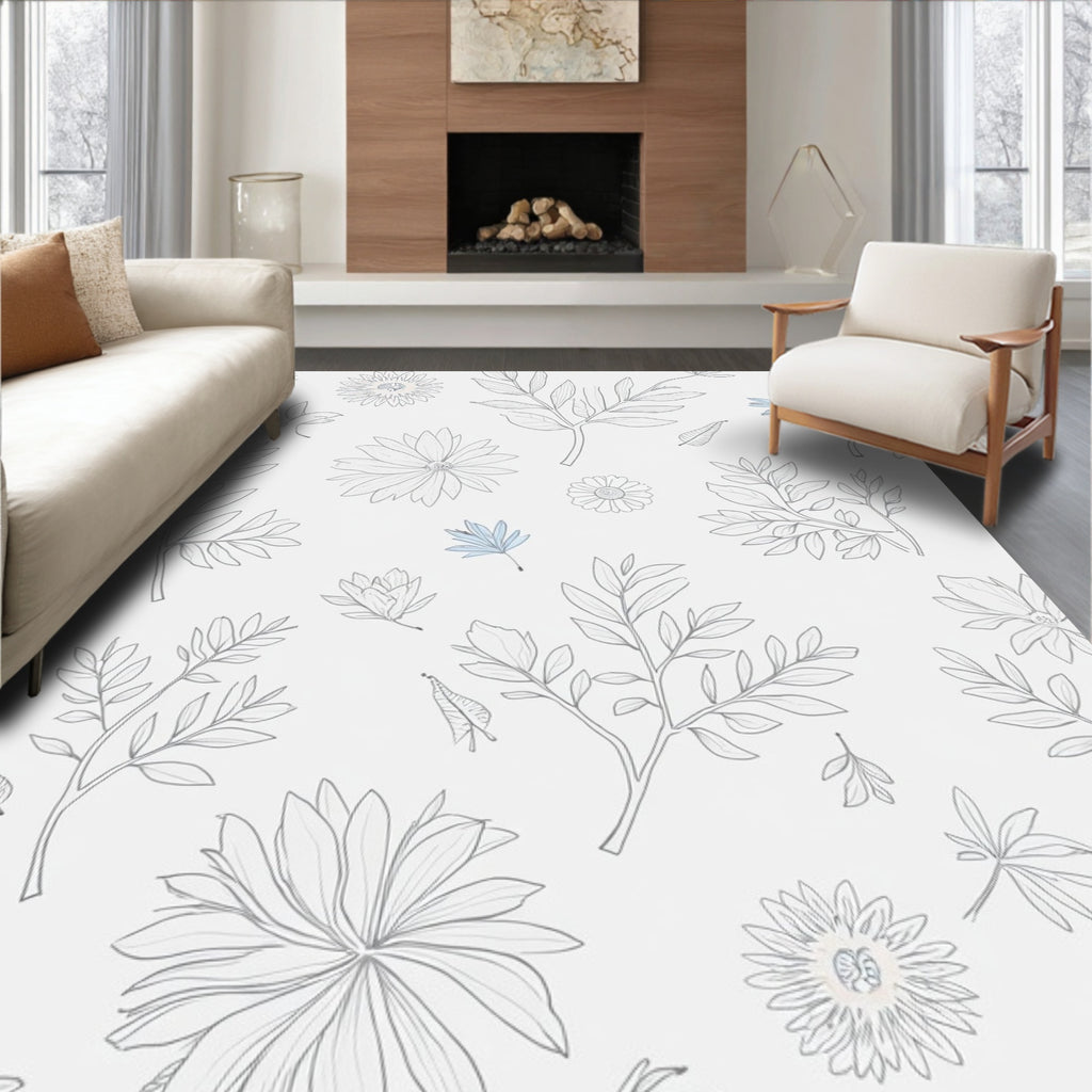 Outline Floral Branches and Blooms Rug