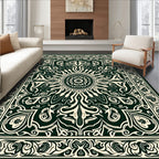 Dark Green Cream Mandala Ornament Rug