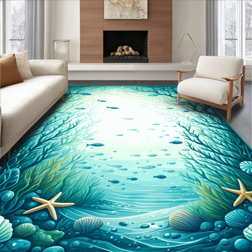 Underwater Forest Scene with Fish Rug