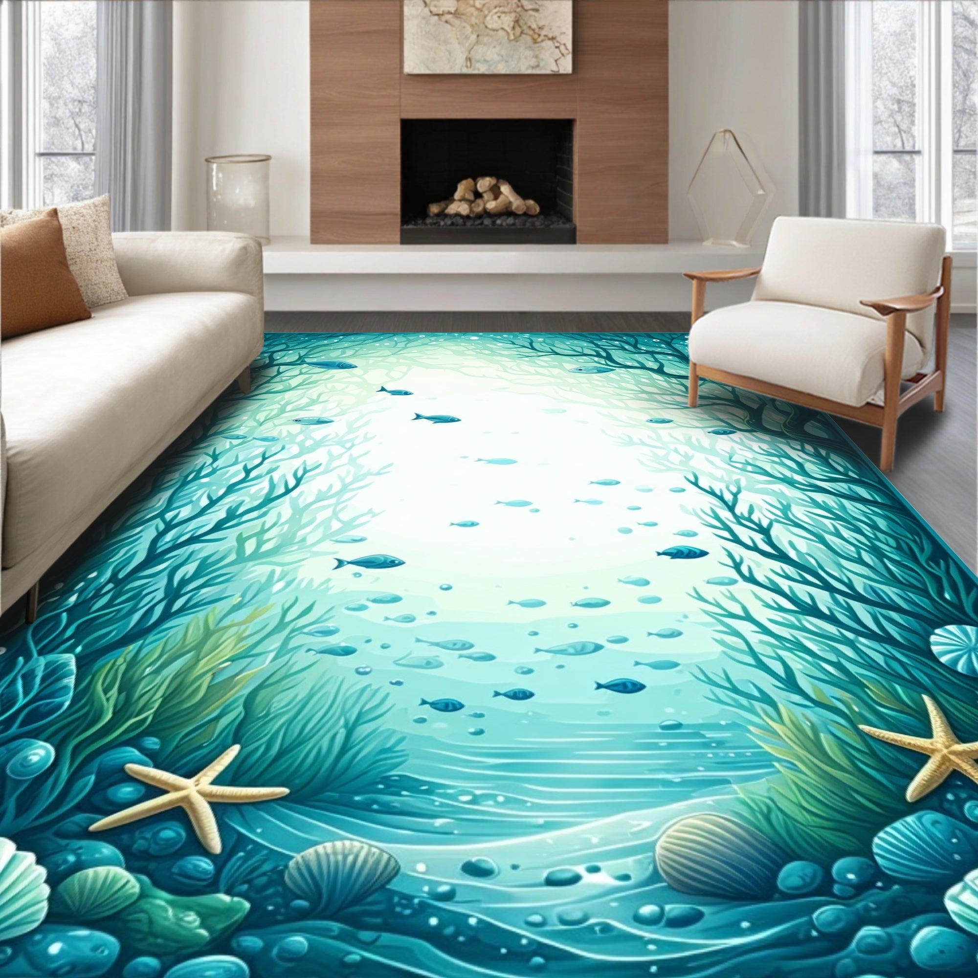 Underwater Forest Scene with Fish Rug