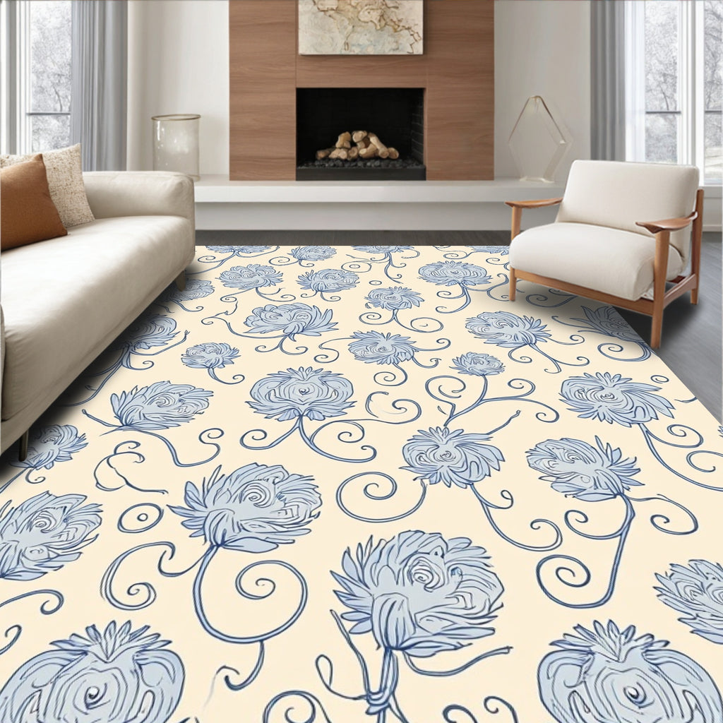 Light Blue Floral Swirl Pattern Rug
