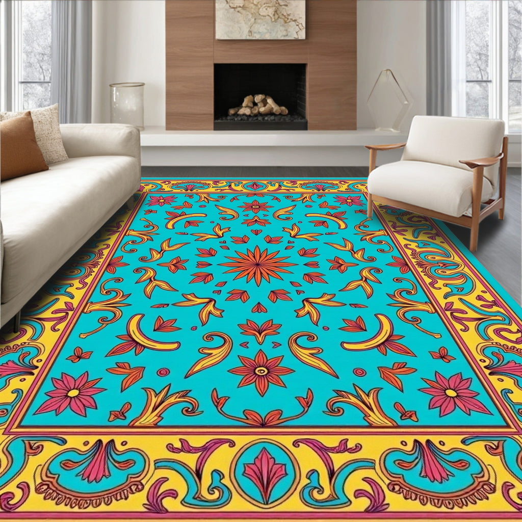 Vibrant Teal Floral Scroll Rug