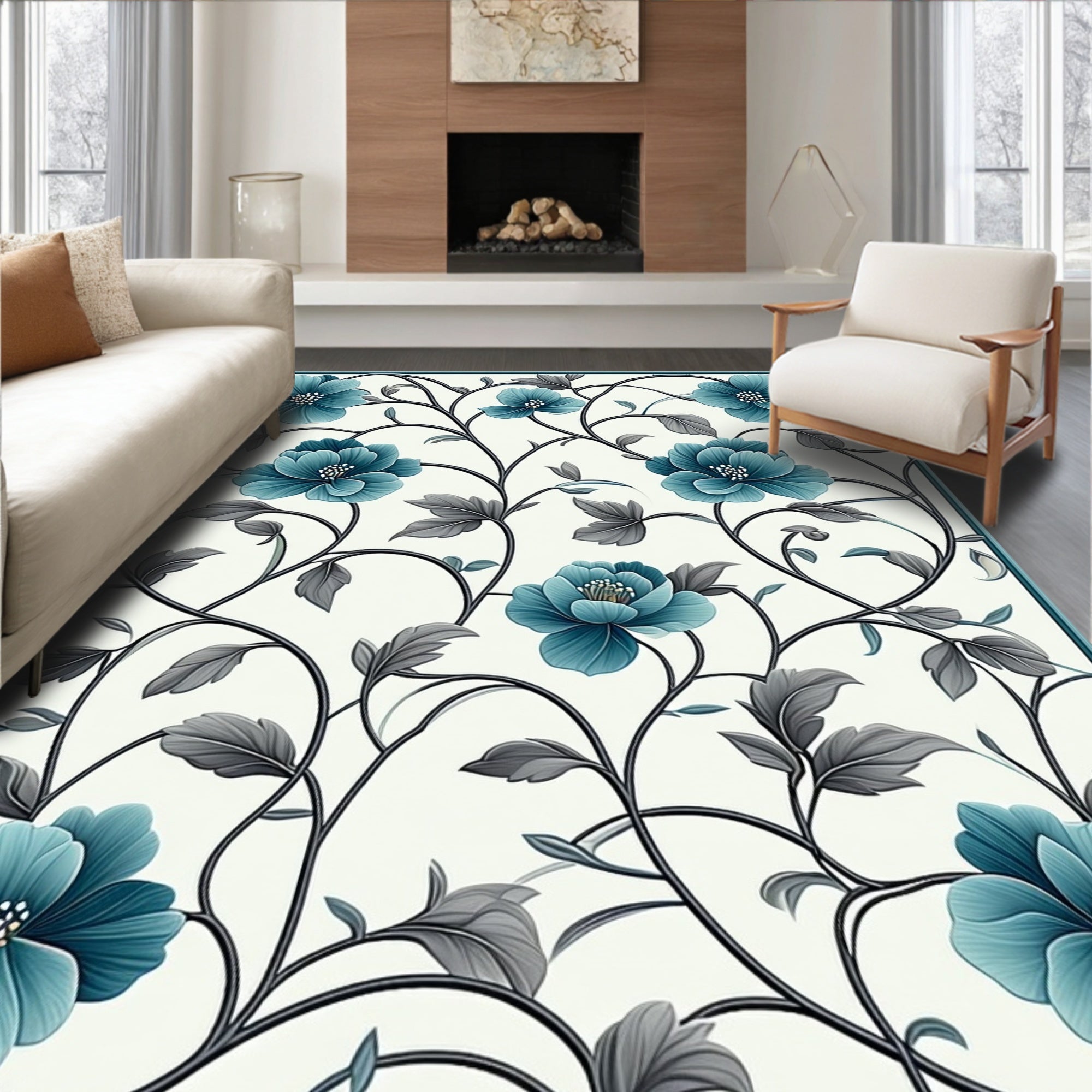 Elegant Teal Floral Vine Pattern Rug