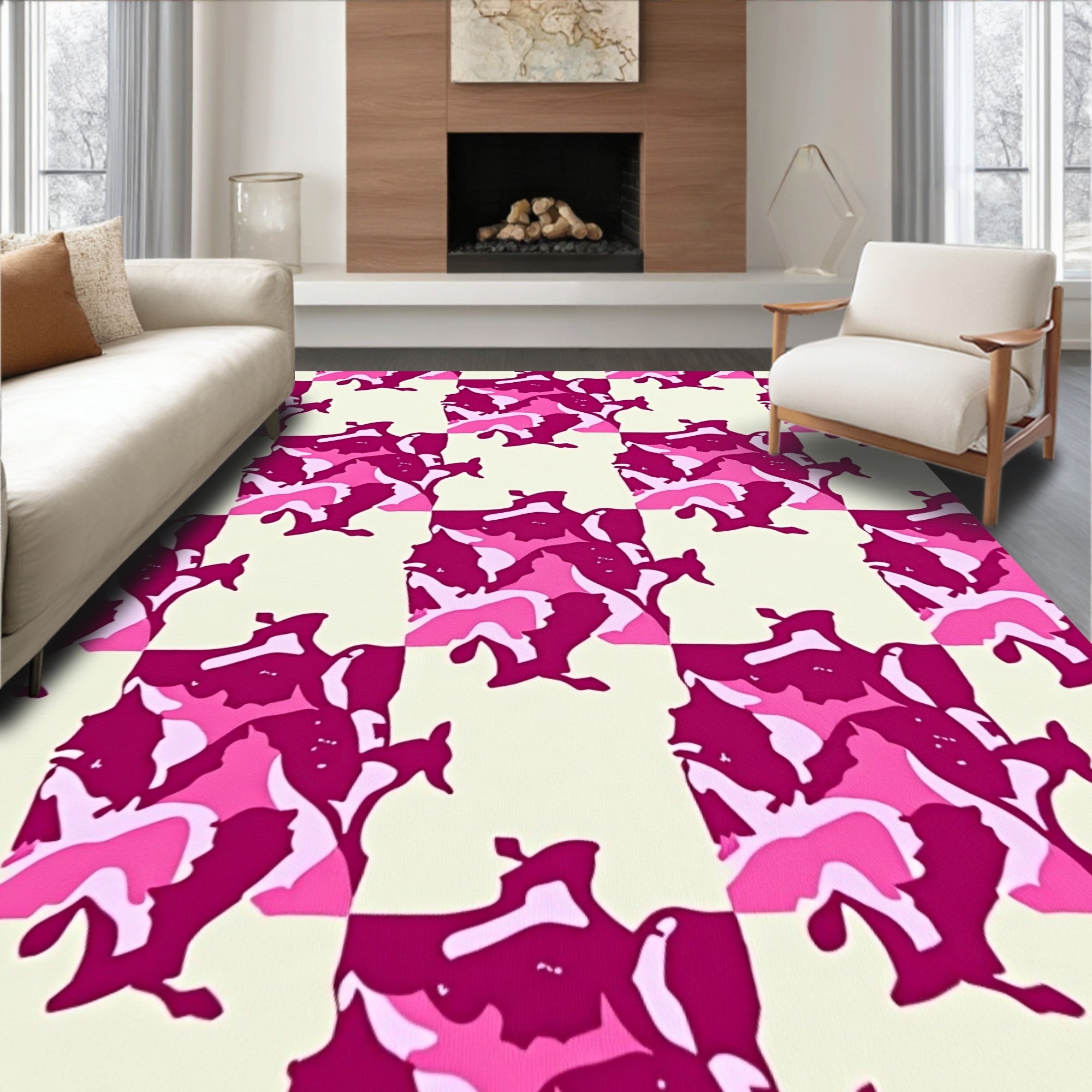 Pink Camouflage Checkerboard Pattern Rug