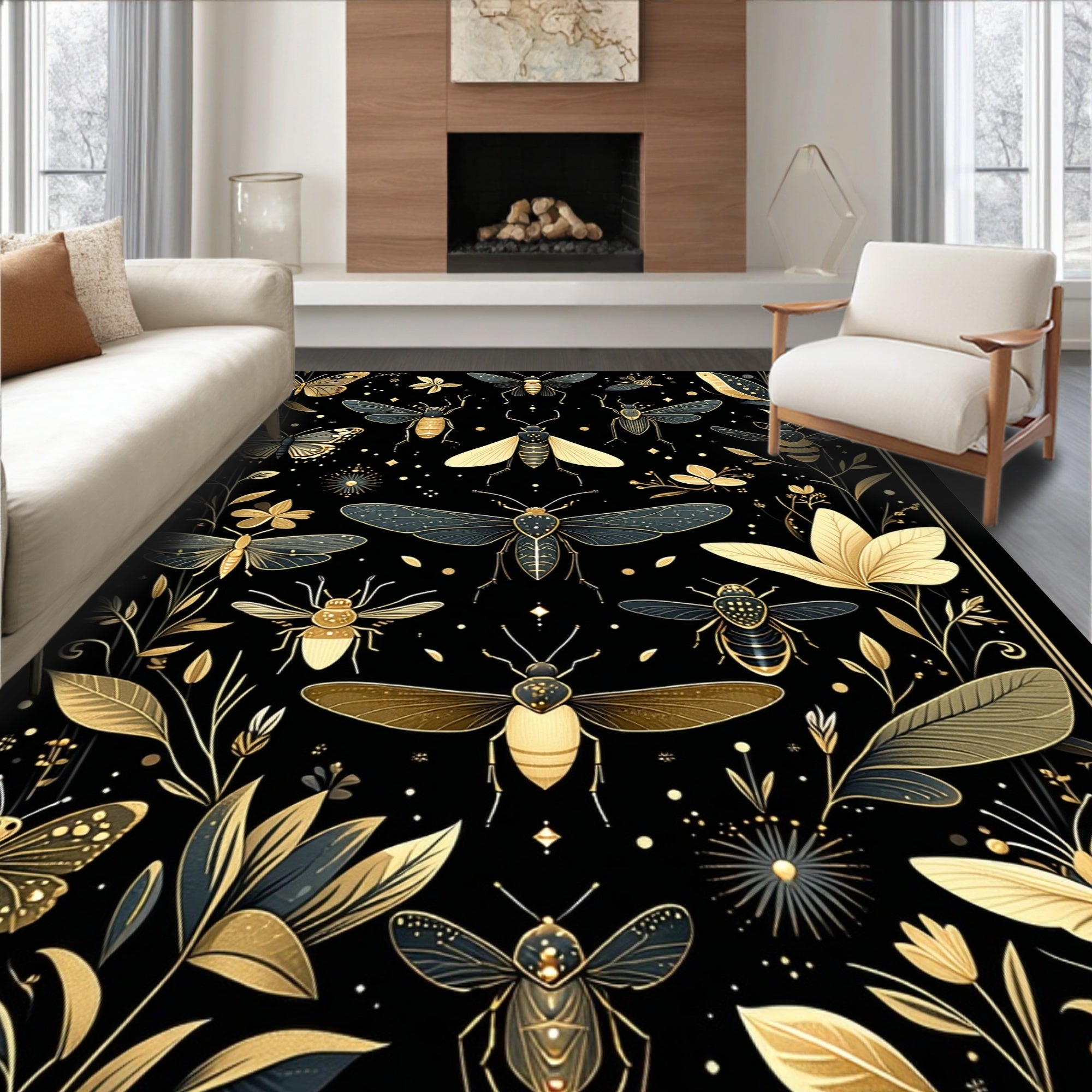 Botanical Insect Golden Art Rug