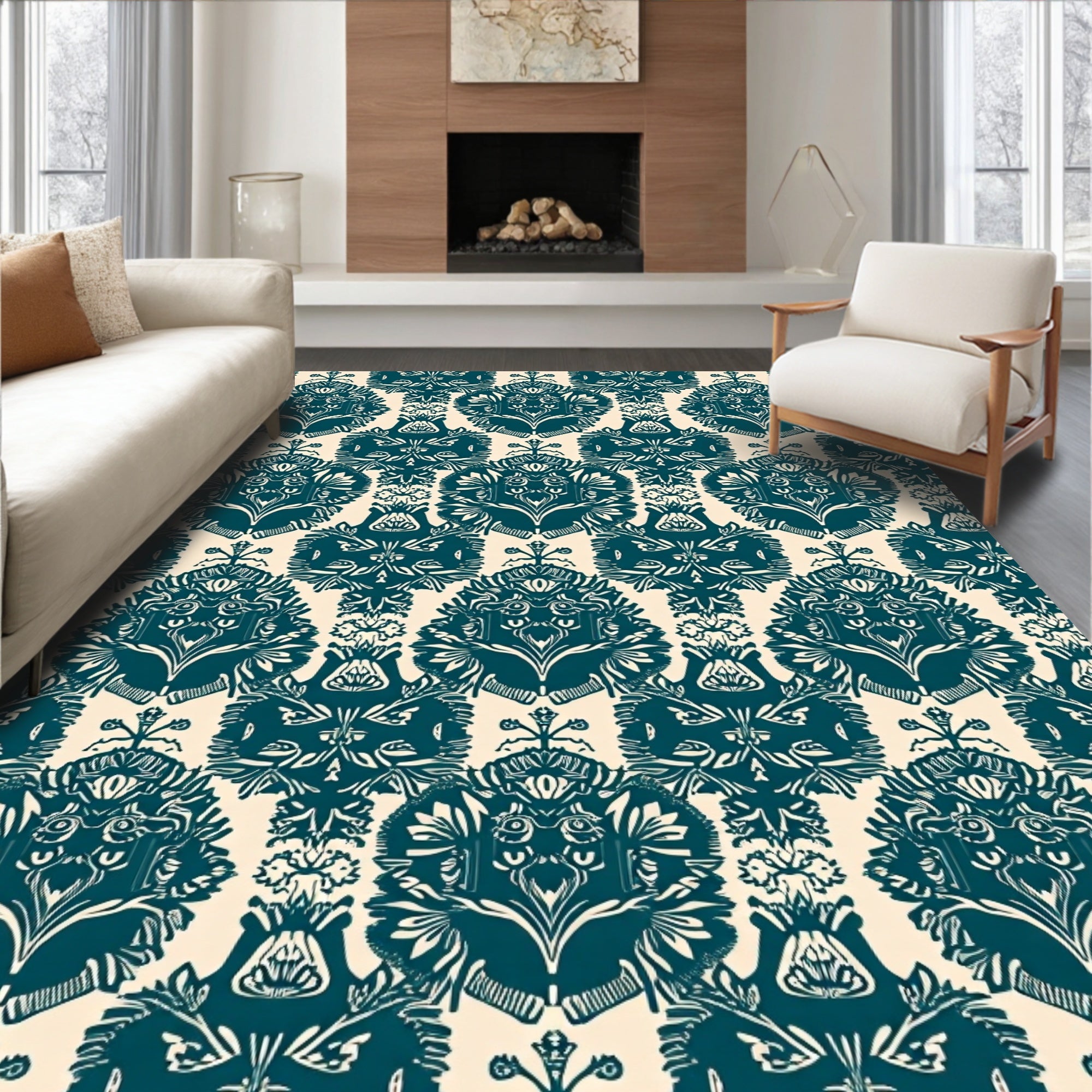 Dark Teal And Cream Damask Pattern Rug