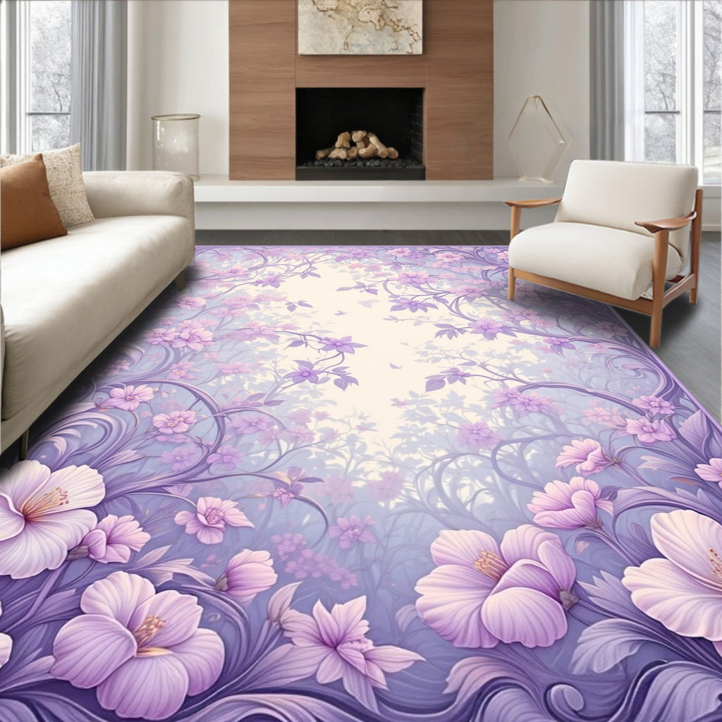 Whimsical Lilac Floral Swirls Rug