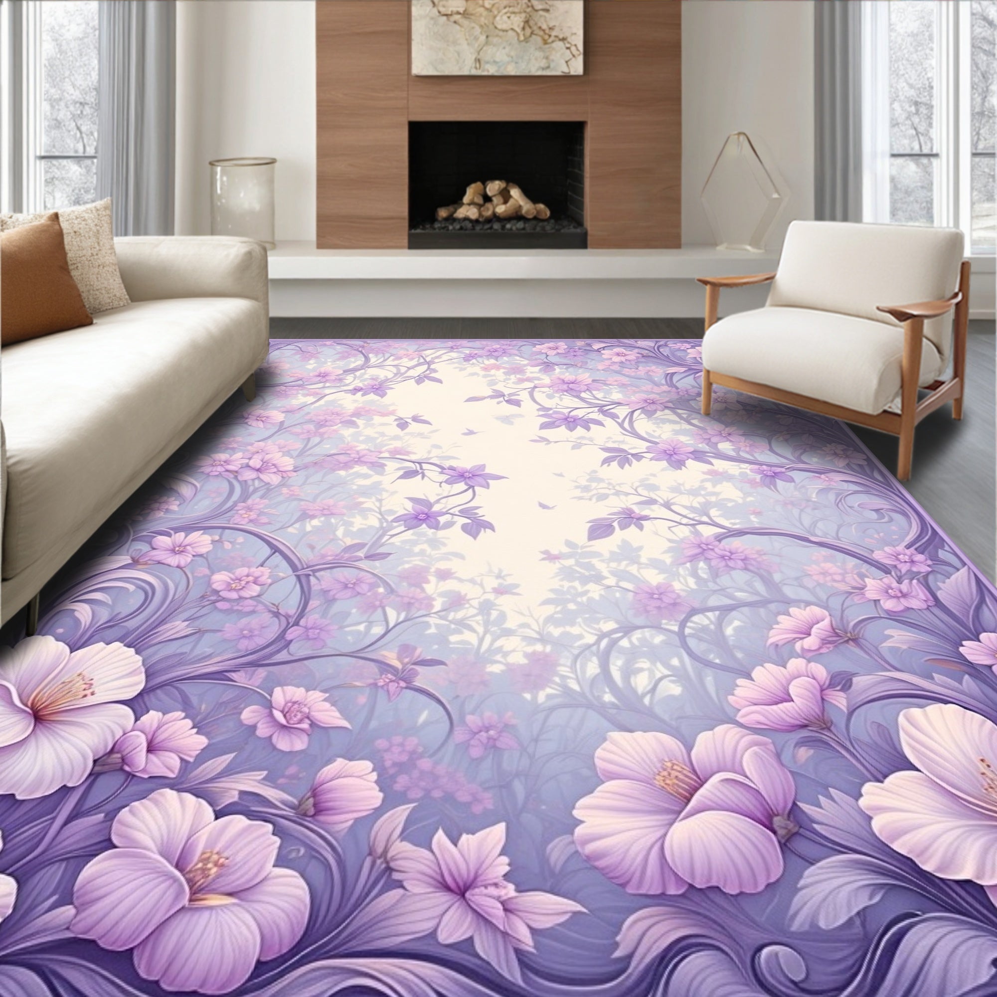 Whimsical Lilac Floral Swirls Rug
