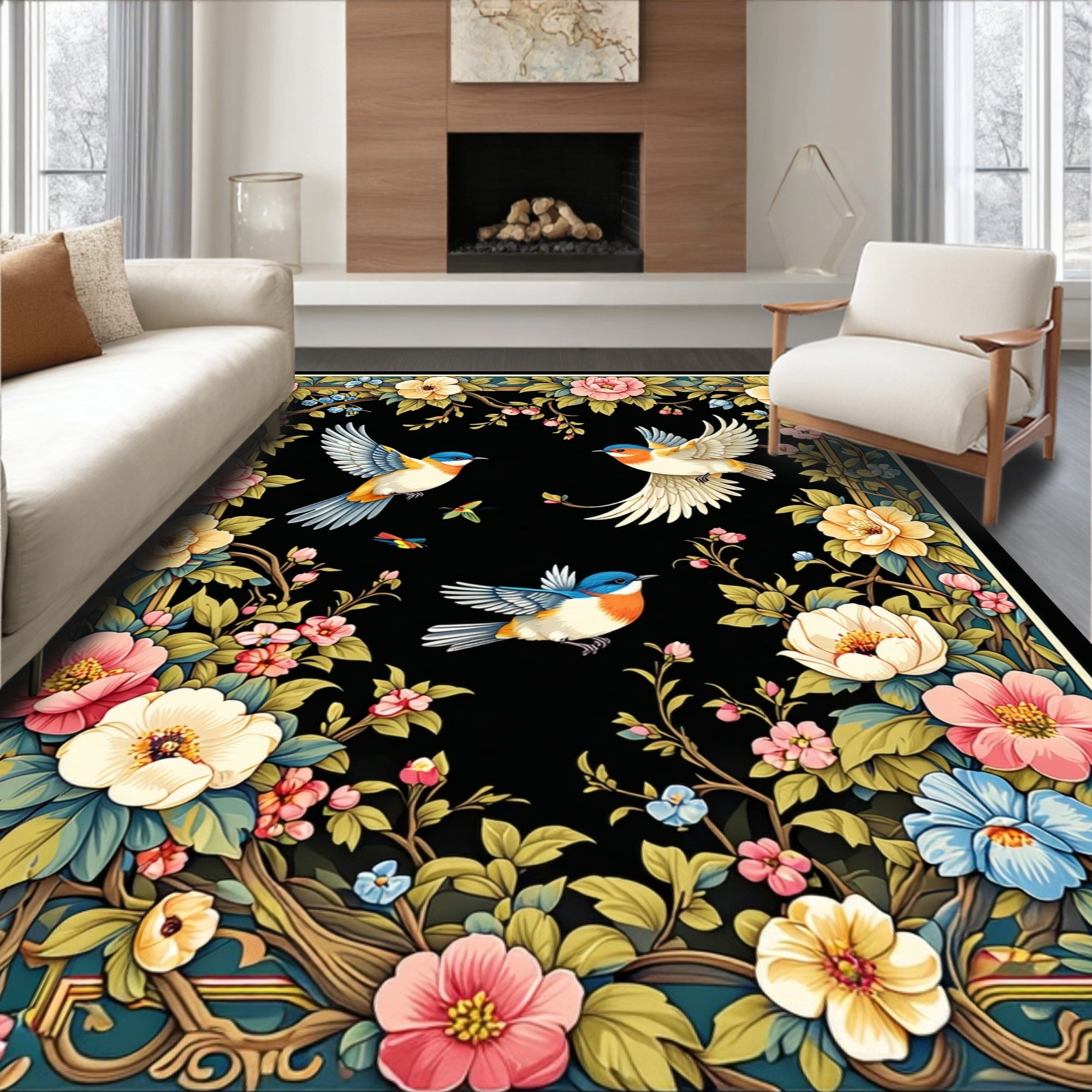 Birds and Blossoms Floral Garden Rug
