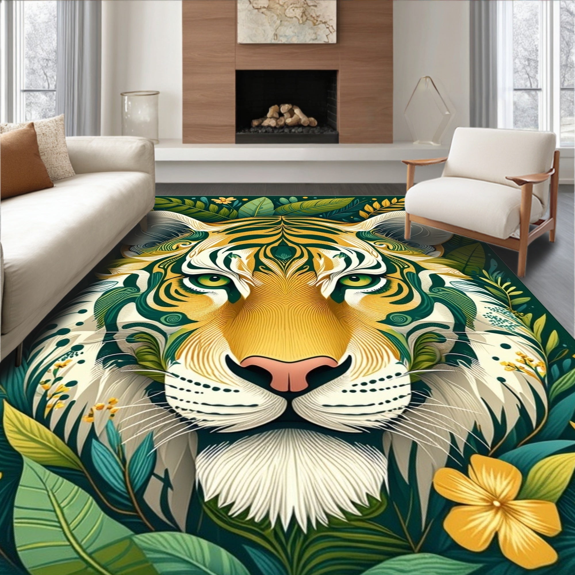 Vibrant Jungle Tiger Floral Pattern Rug