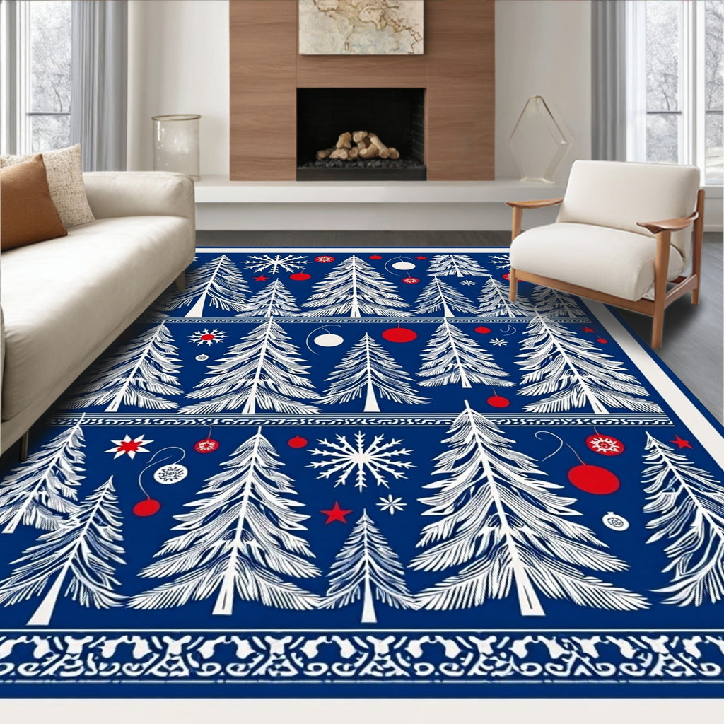 Hand Drawn White Christmas Trees Navy Rug